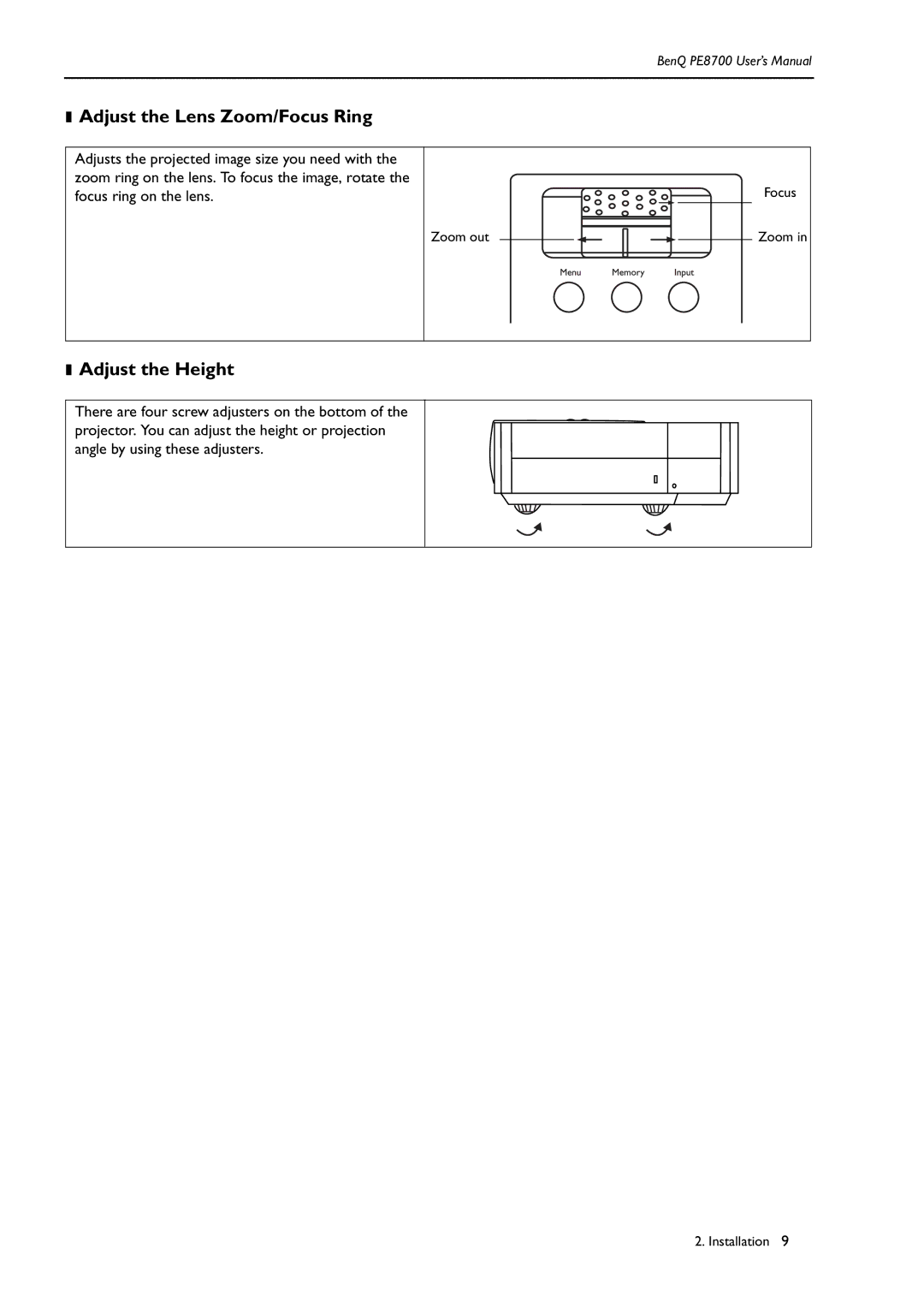 BenQ PE8700 user manual Adjust the Lens Zoom/Focus Ring, Adjust the Height 