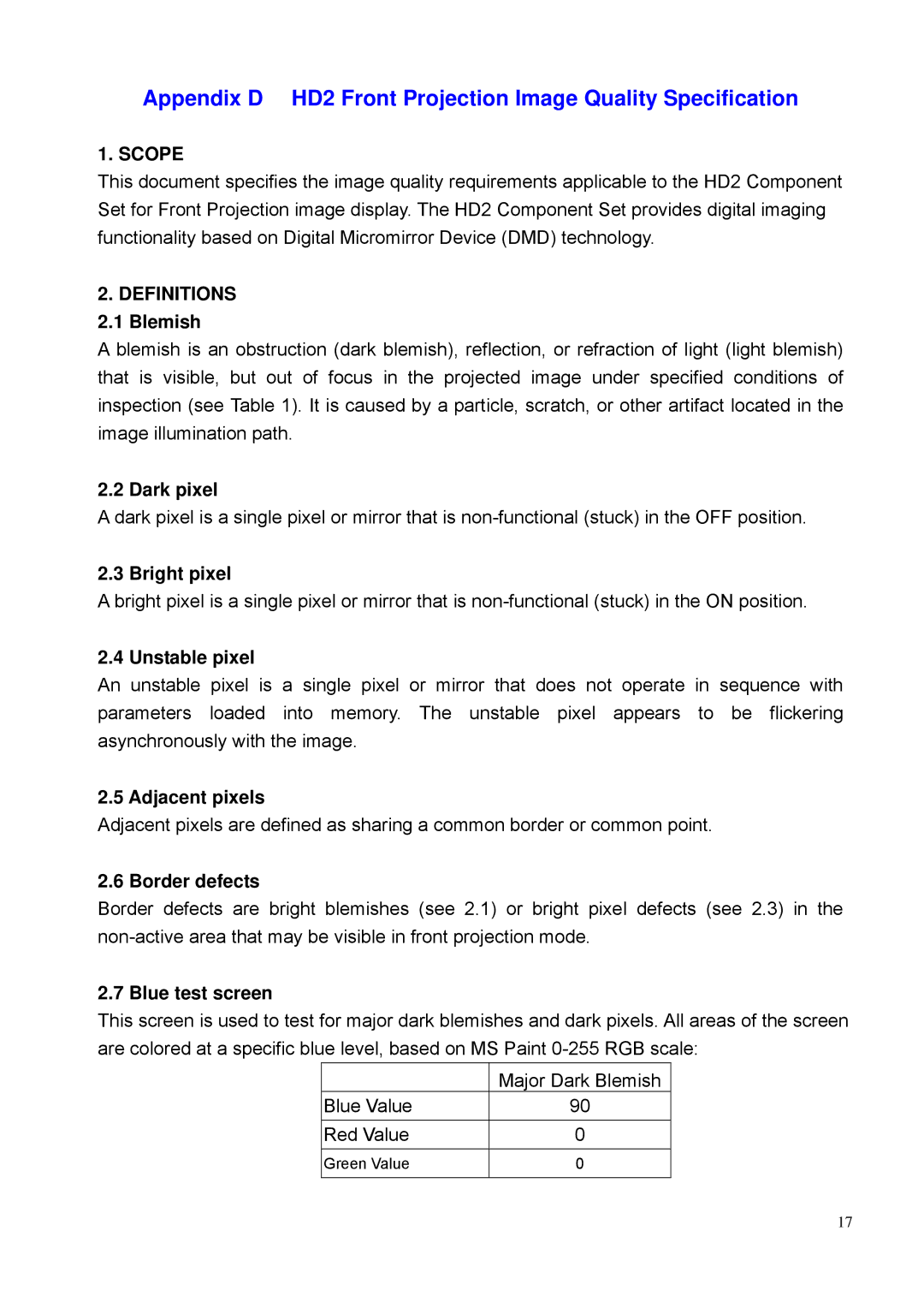 BenQ PE8700 service manual Appendix D HD2 Front Projection Image Quality Specification 