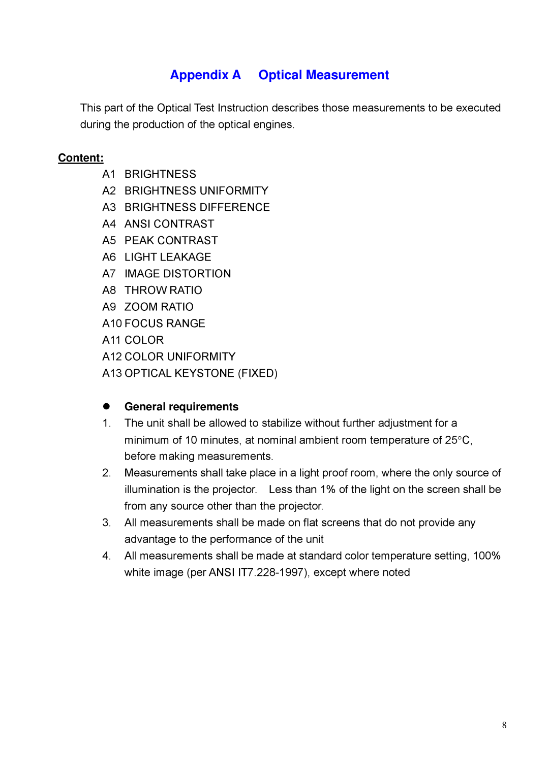 BenQ PE8700 service manual Appendix a Optical Measurement, Content, General requirements 