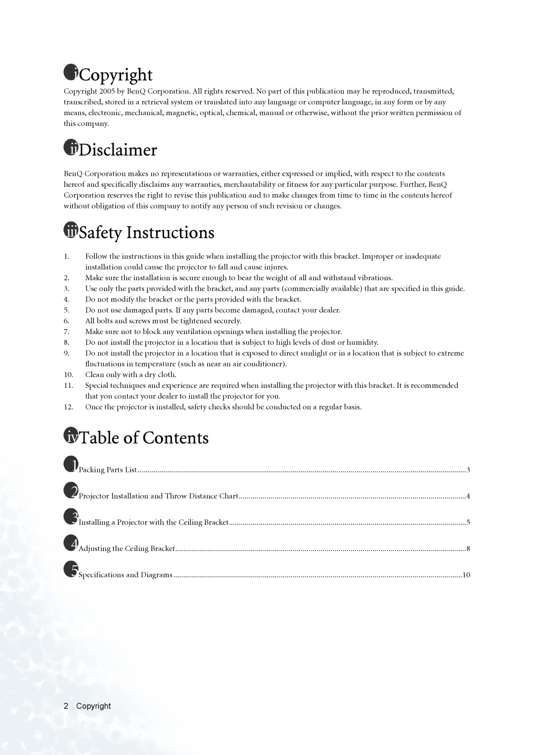 BenQ PE8720 manual Copyright, Disclaimer, Safety Instructions, Table of Contents 
