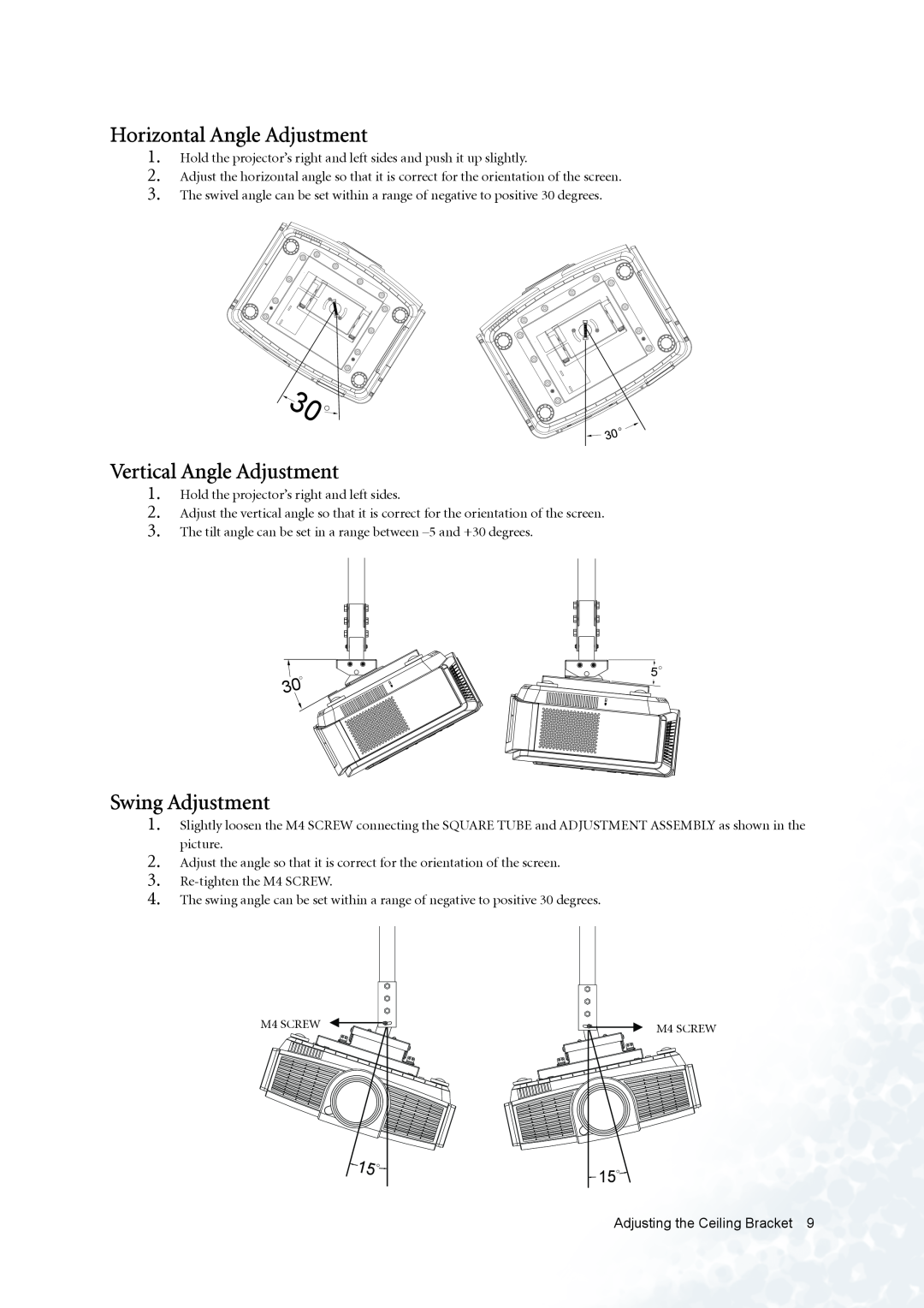 BenQ PE8720 manual Horizontal Angle Adjustment, Vertical Angle Adjustment, Swing Adjustment 