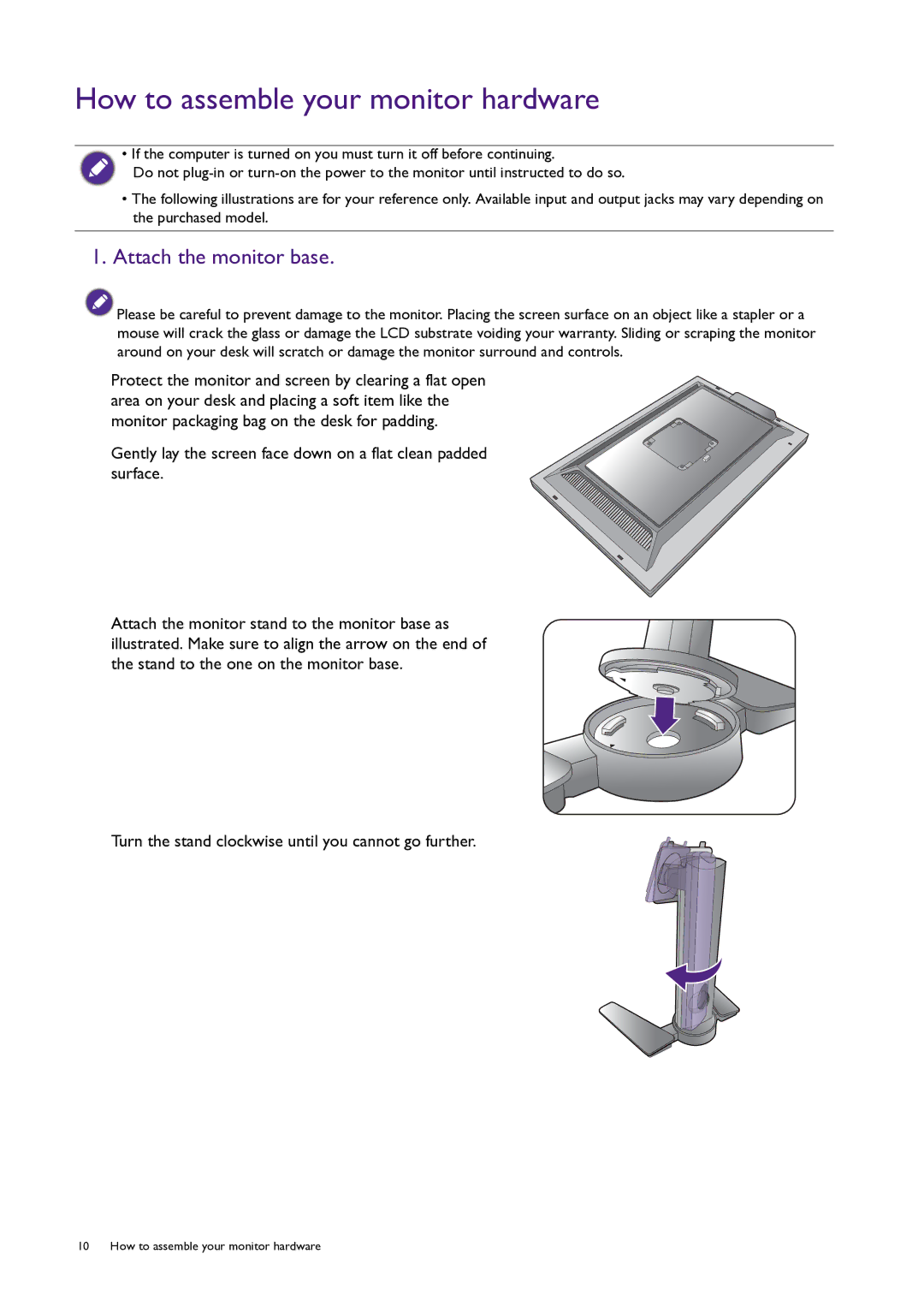 BenQ PG240IPT user manual How to assemble your monitor hardware, Attach the monitor base 