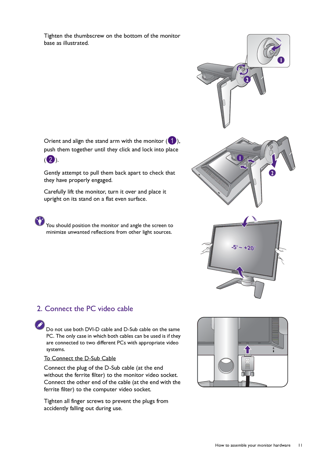 BenQ PG240IPT user manual Connect the PC video cable, ~ +20 