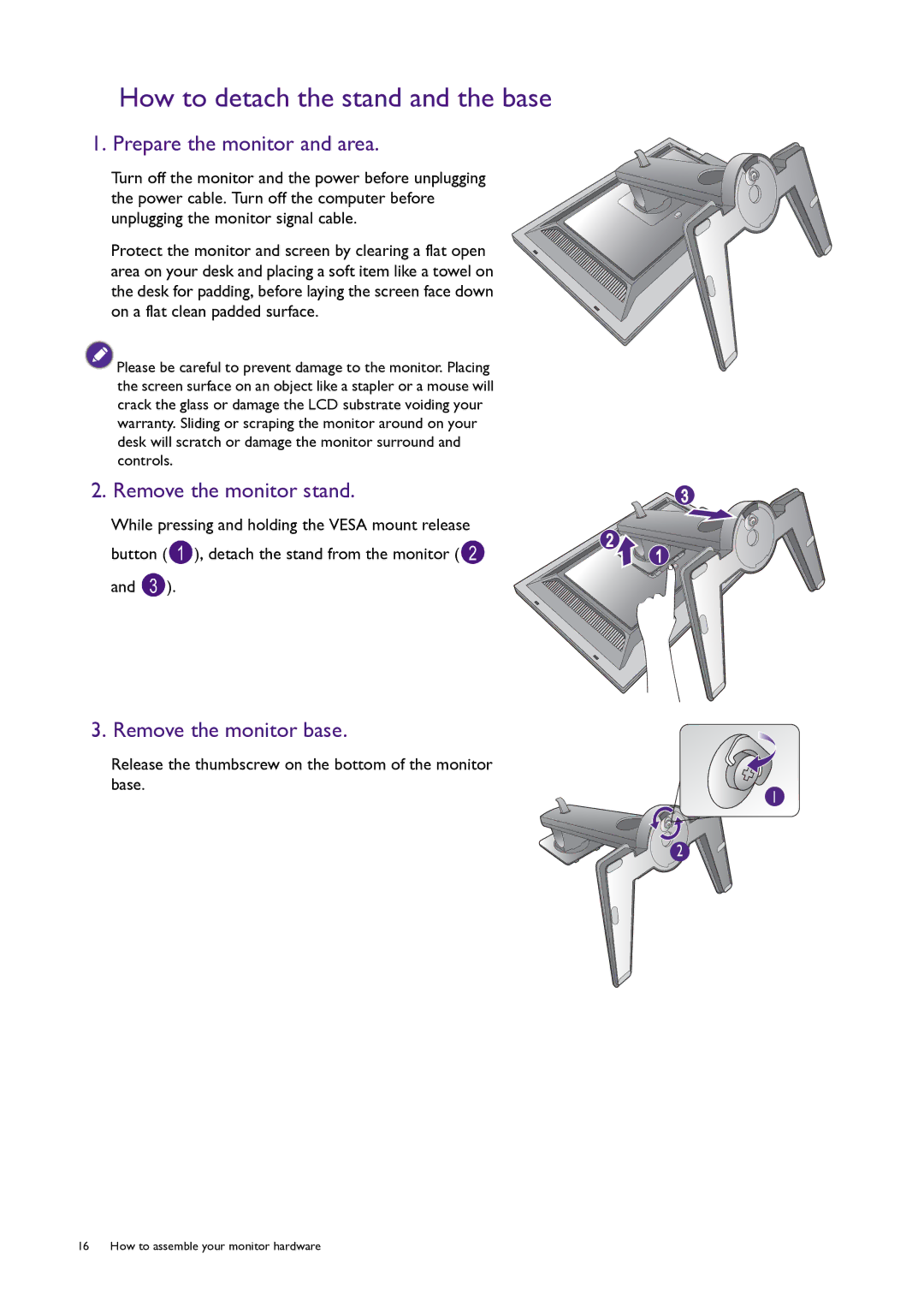 BenQ PG240IPT user manual How to detach the stand and the base, Prepare the monitor and area, Remove the monitor base 