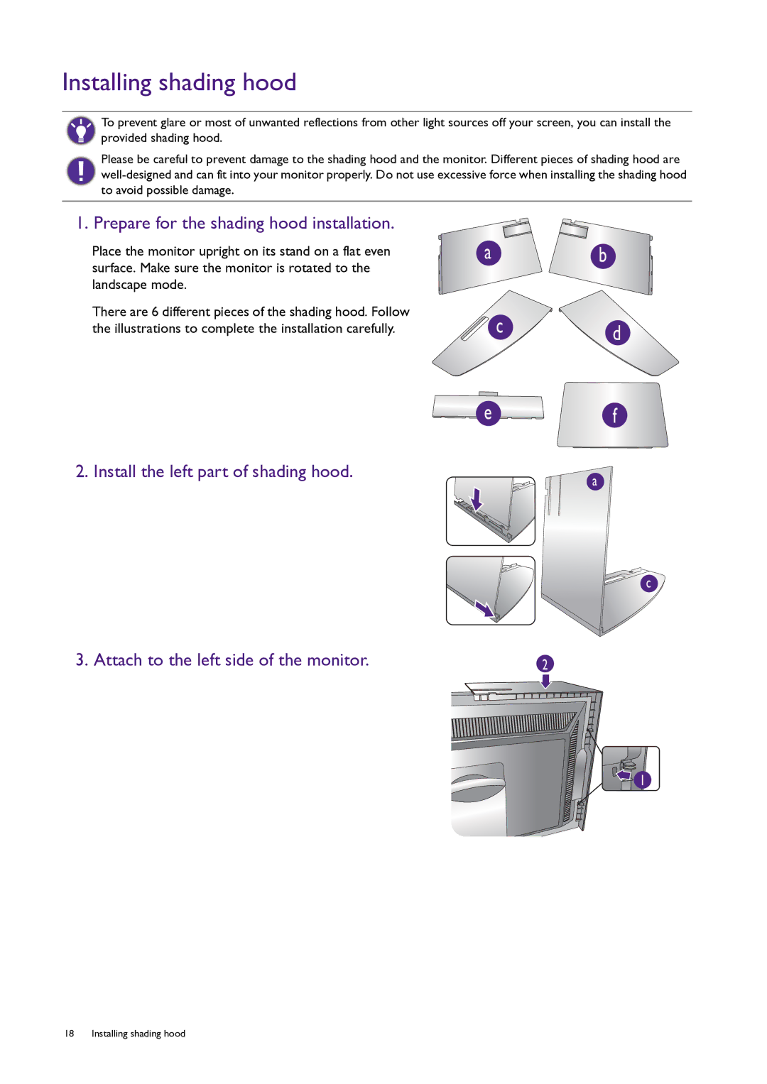 BenQ PG240IPT user manual Installing shading hood, Prepare for the shading hood installation 