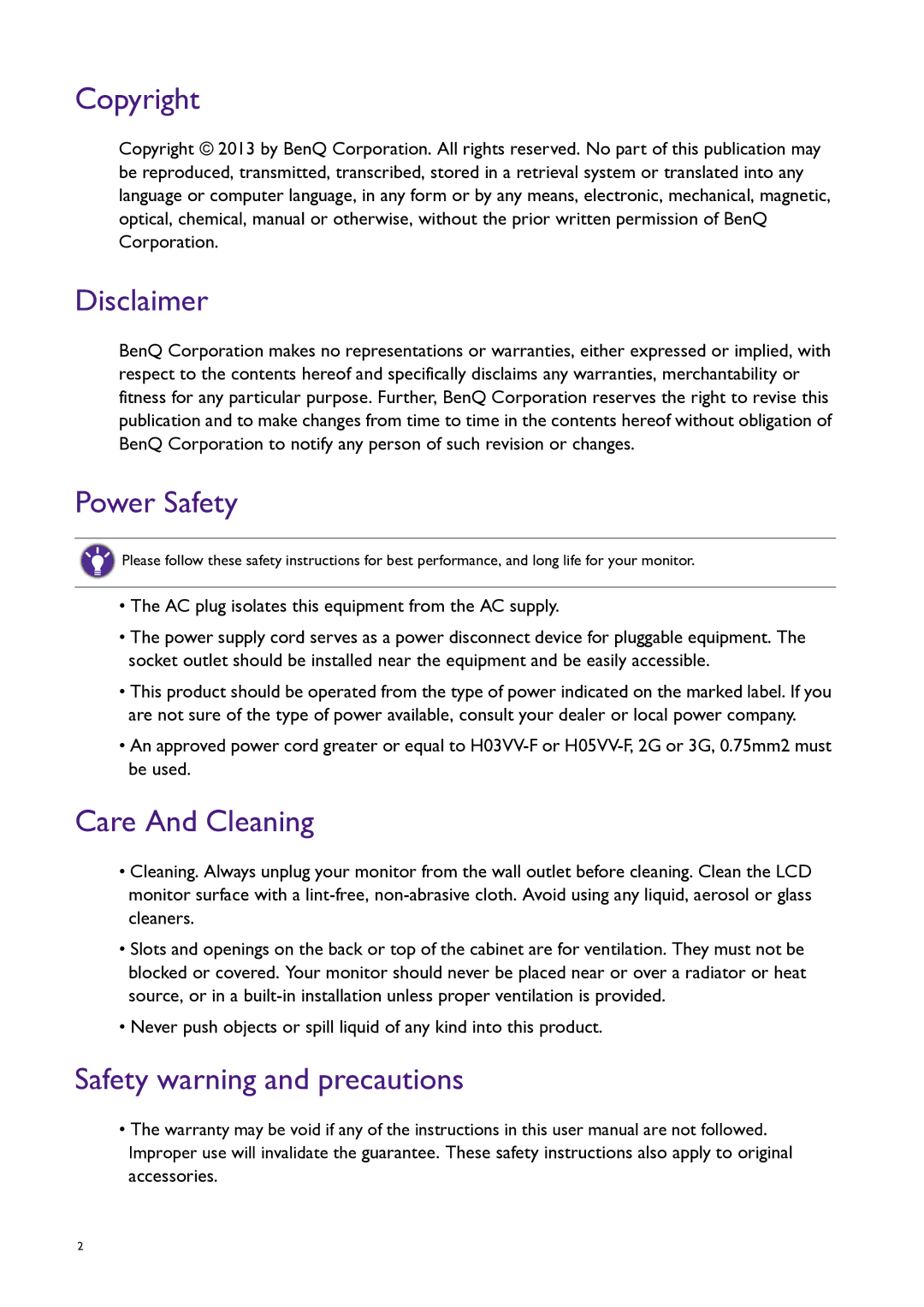 BenQ PG240IPT user manual Copyright, Disclaimer, Power Safety, Care And Cleaning, Safety warning and precautions 