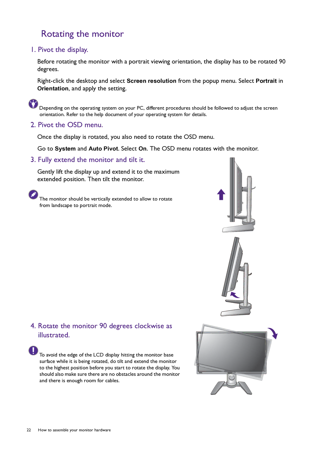 BenQ PG240IPT user manual Rotating the monitor, Pivot the display, Pivot the OSD menu, Fully extend the monitor and tilt it 