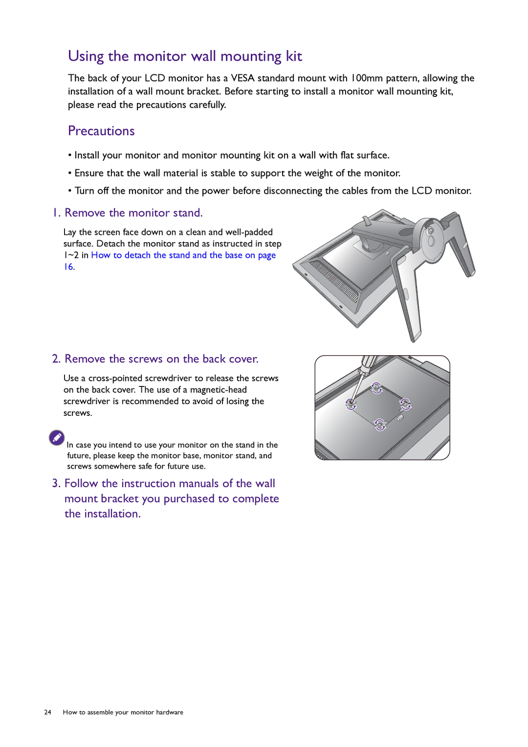 BenQ PG240IPT Using the monitor wall mounting kit, Remove the monitor stand, Remove the screws on the back cover 