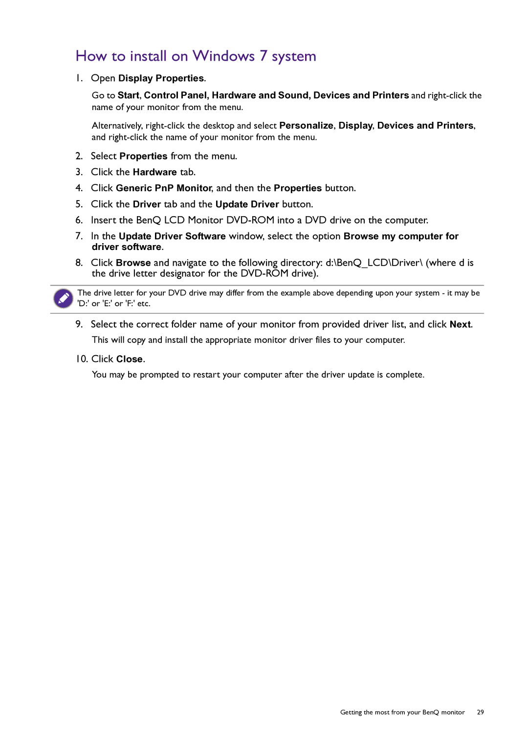 BenQ PG240IPT user manual How to install on Windows 7 system 