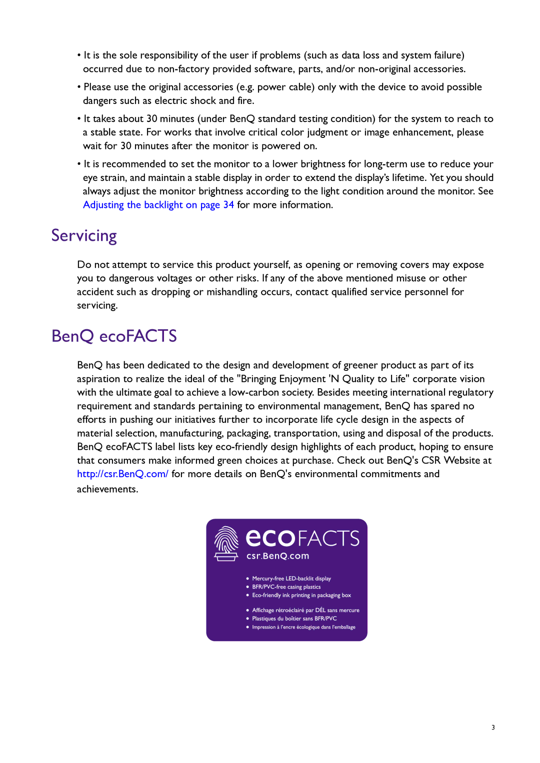 BenQ PG240IPT user manual Servicing, BenQ ecoFACTS 