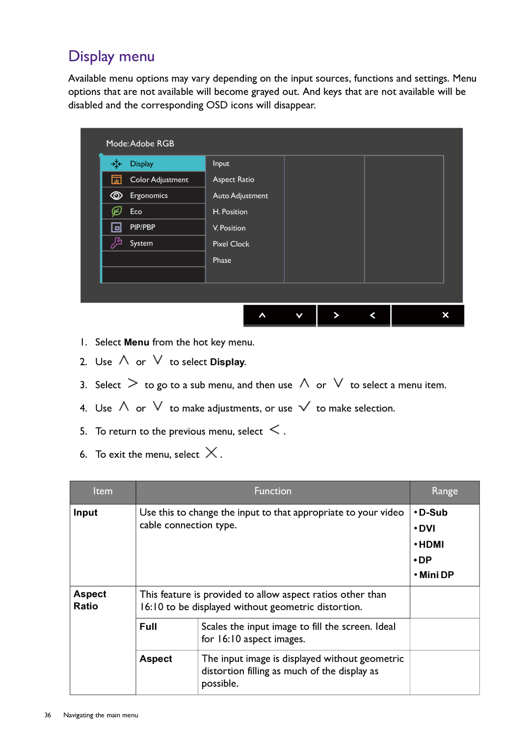 BenQ PG240IPT user manual Display menu, Cable connection type, This feature is provided to allow aspect ratios other than 