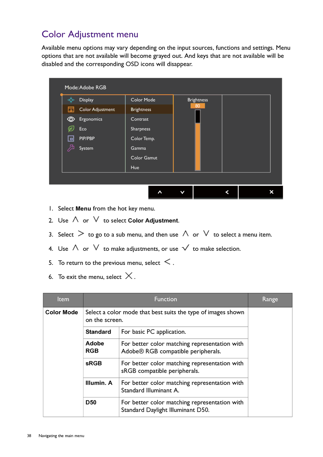 BenQ PG240IPT user manual Color Adjustment menu, For basic PC application, For better color matching representation with 