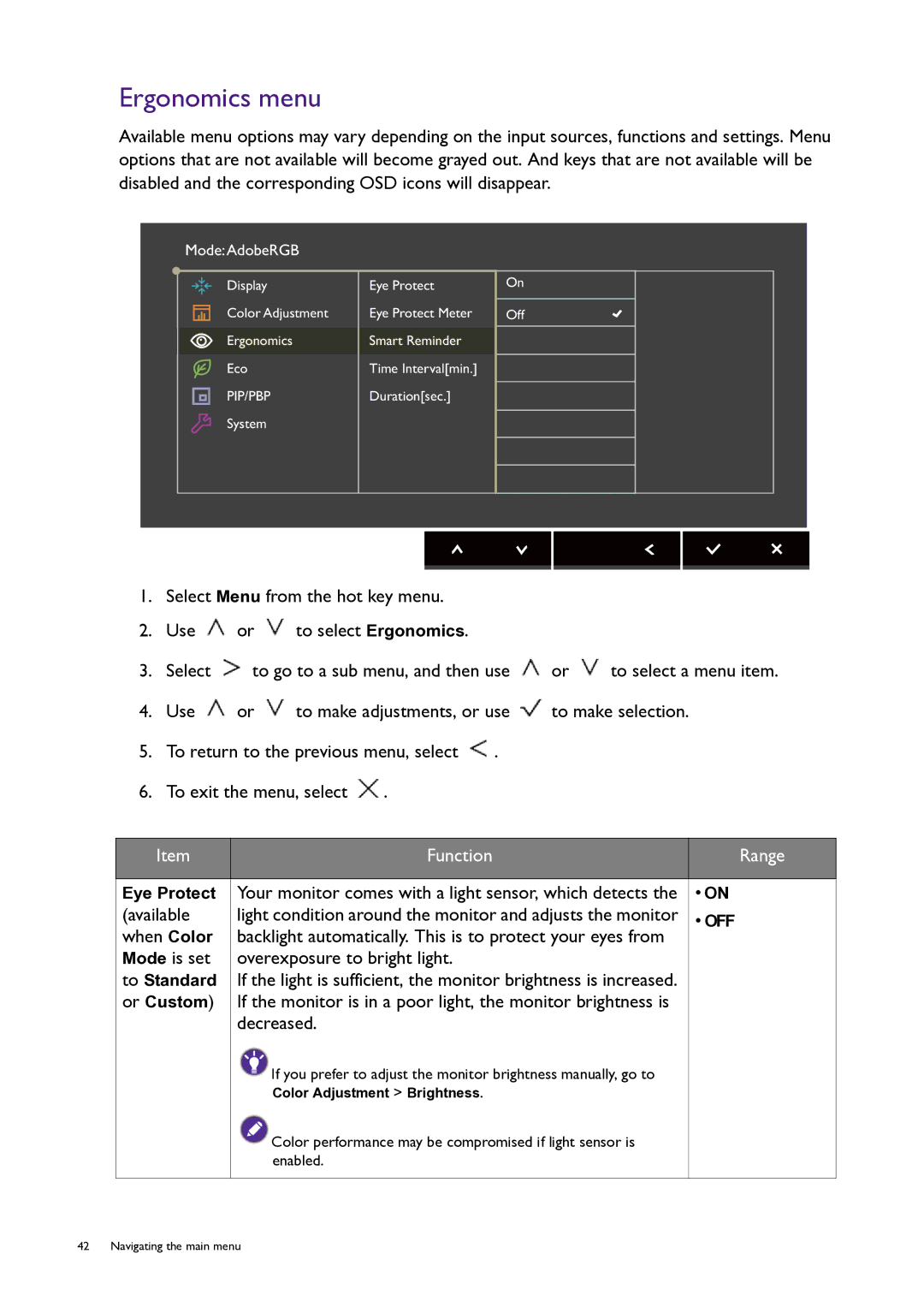 BenQ PG240IPT user manual Ergonomics menu, ModeAdobeRGB 