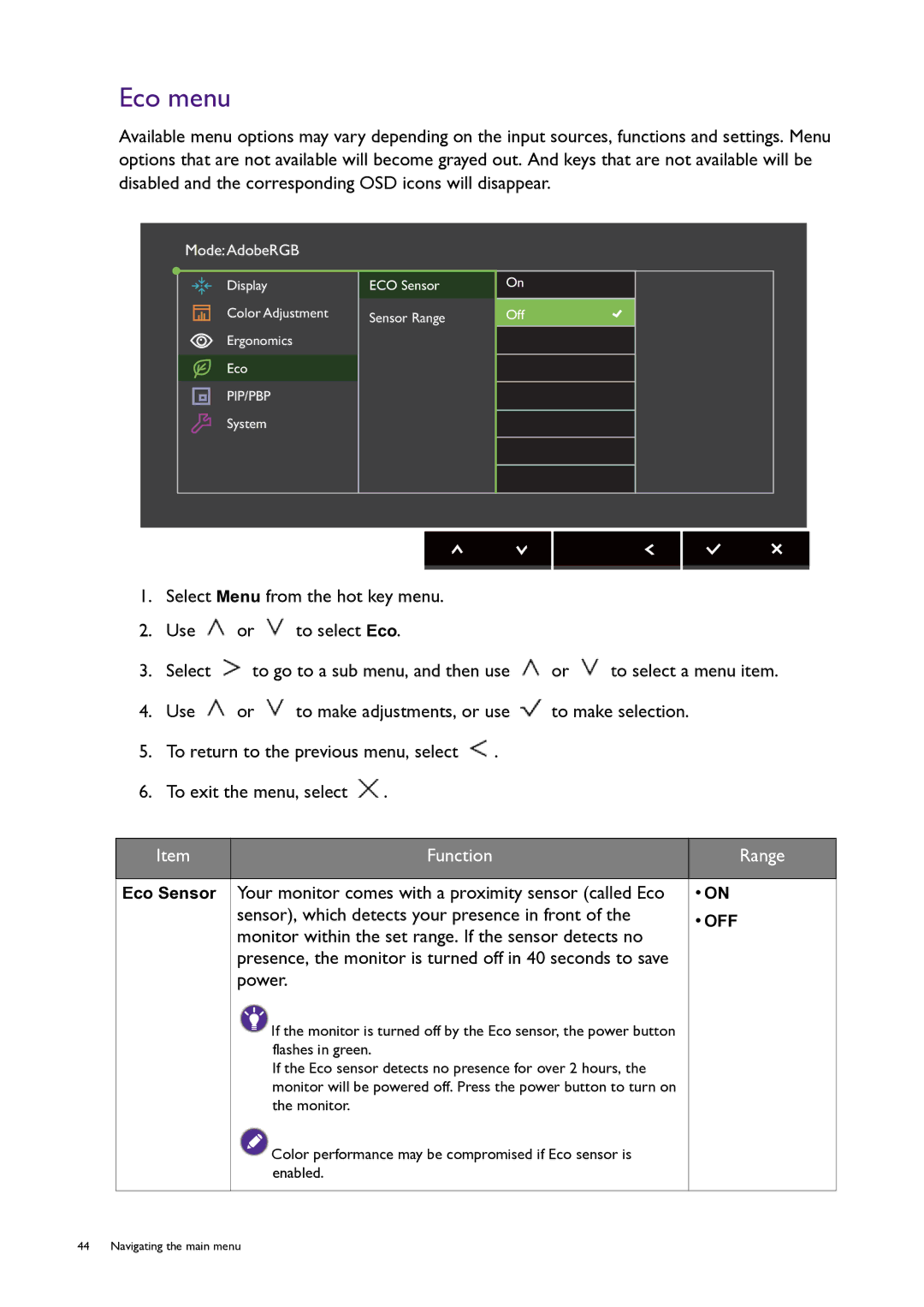 BenQ PG240IPT user manual Eco menu, Monitor within the set range. If the sensor detects no 