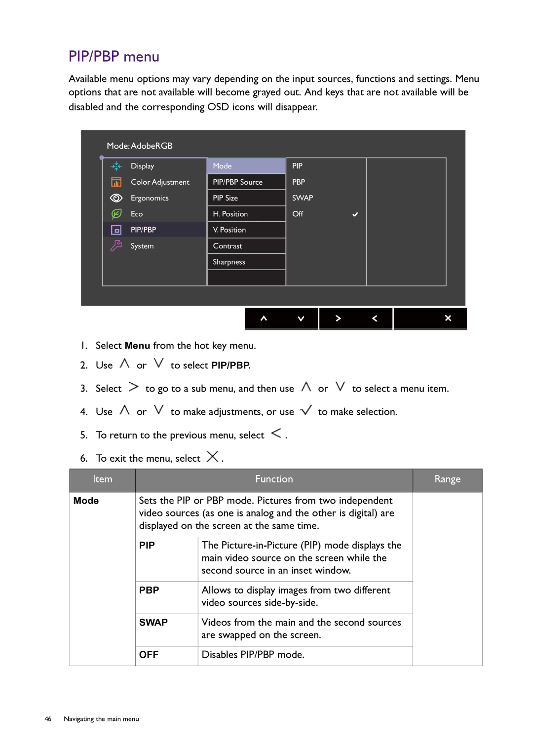 BenQ PG240IPT user manual PIP/PBP menu 