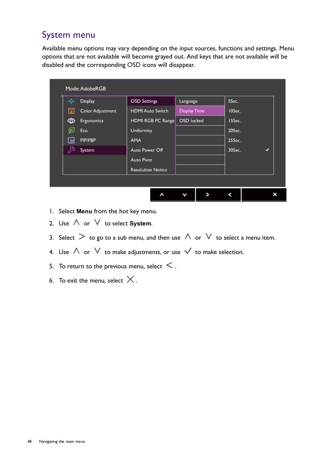 BenQ PG240IPT user manual System menu 