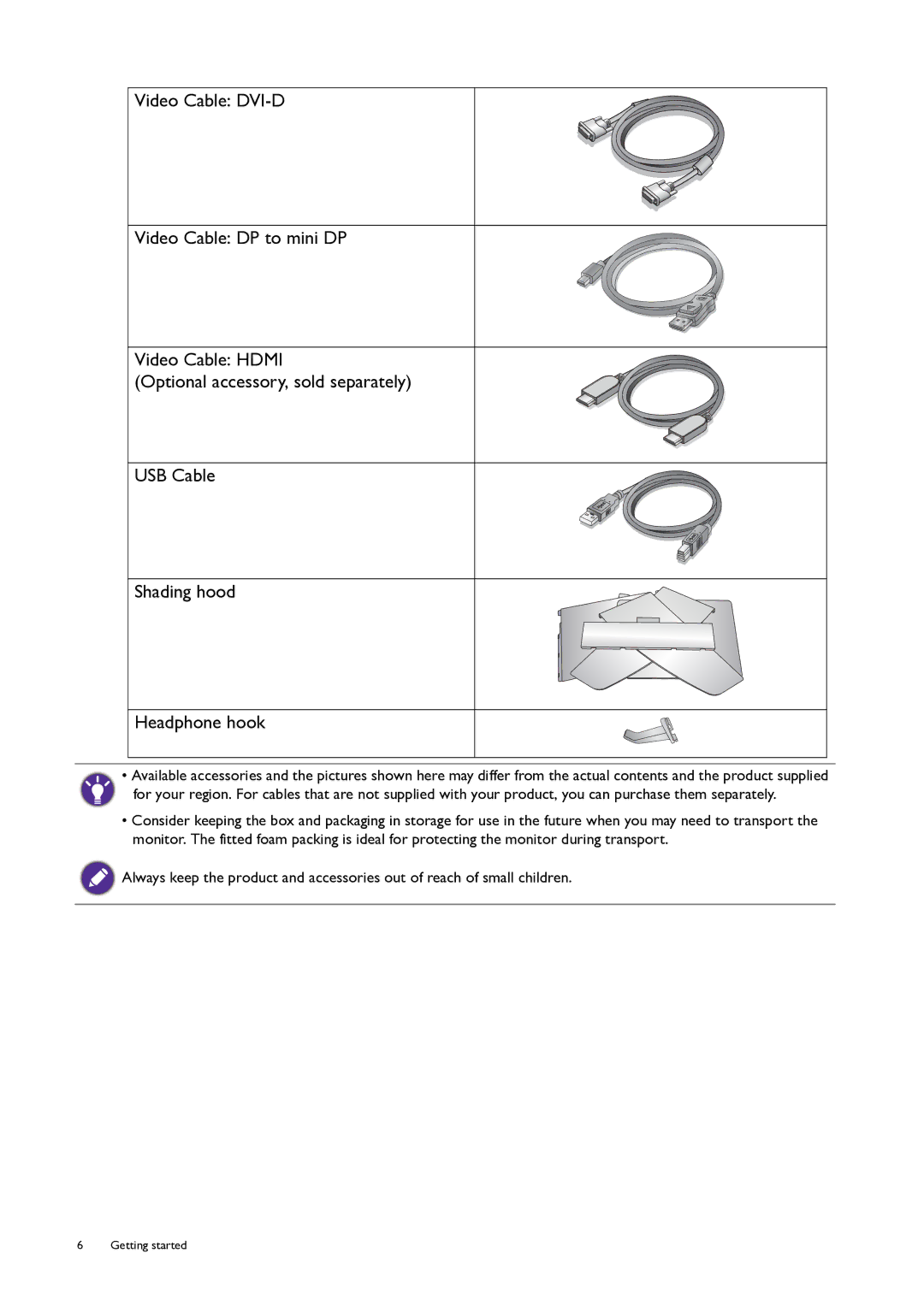 BenQ PG240IPT Video Cable DVI-D, Video Cable DP to mini DP, Video Cable Hdmi, USB Cable, Shading hood, Headphone hook 