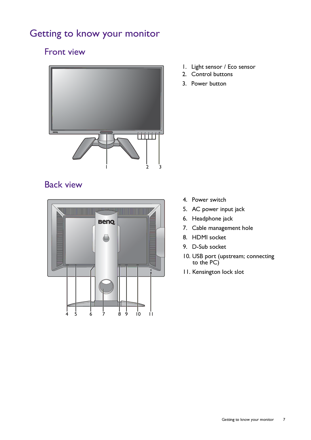 BenQ PG240IPT Getting to know your monitor, Front view, Back view, Light sensor / Eco sensor Control buttons Power button 