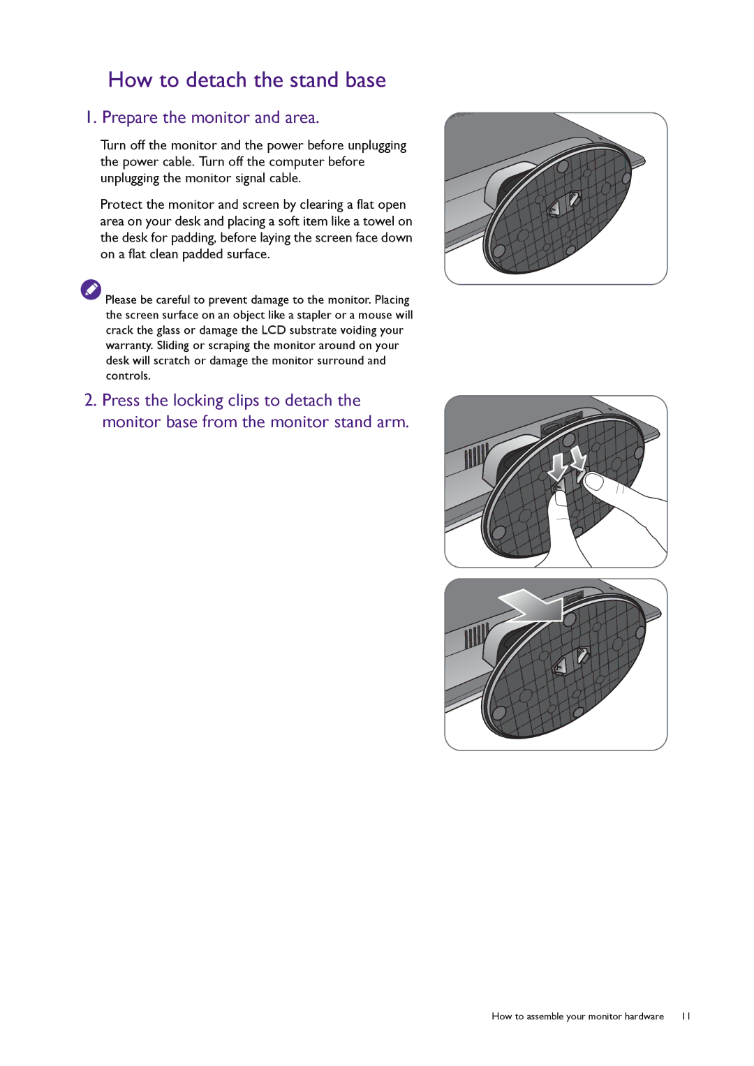 BenQ RL2240H user manual How to detach the stand base, Prepare the monitor and area 