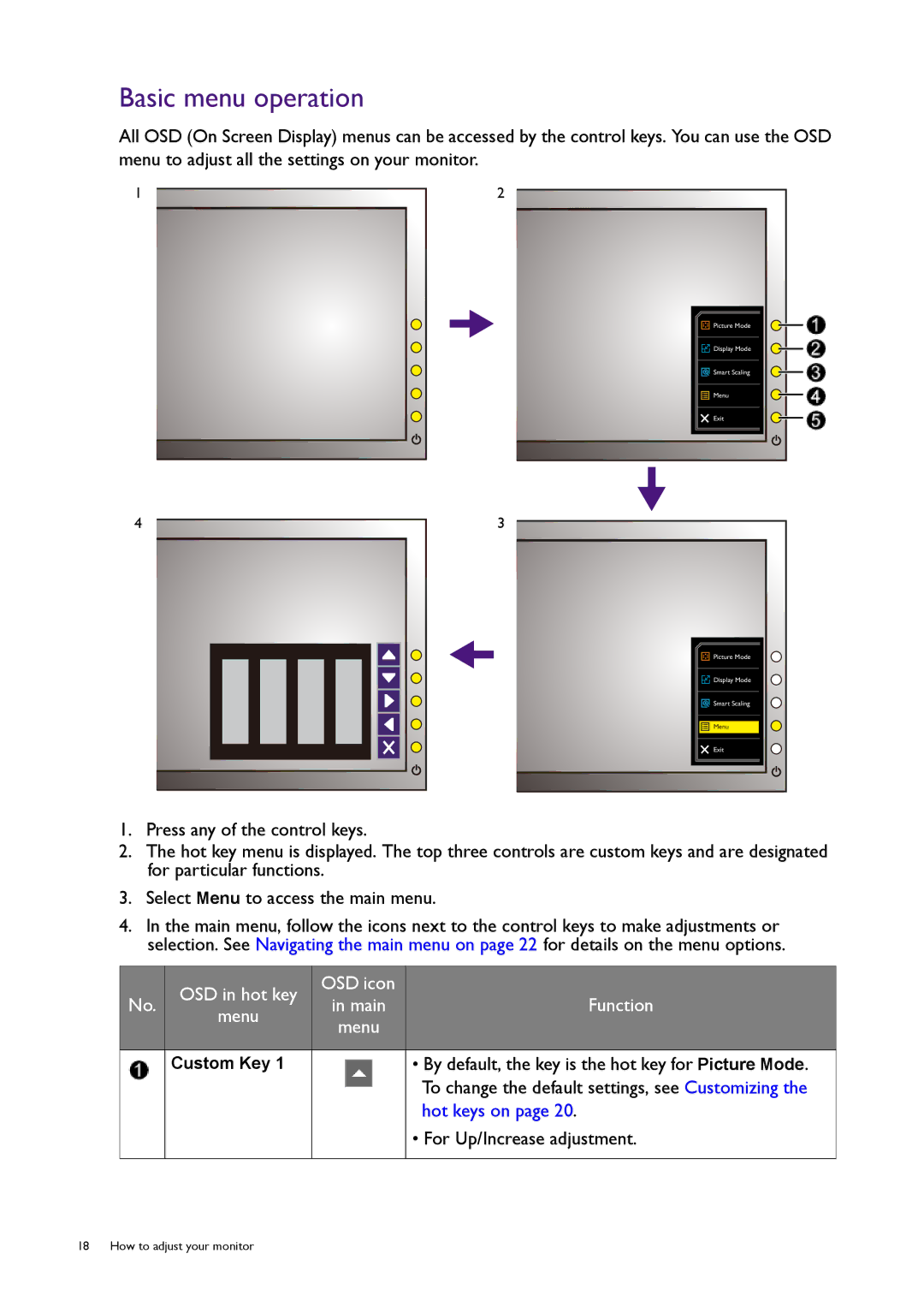 BenQ RL2240H user manual Basic menu operation 