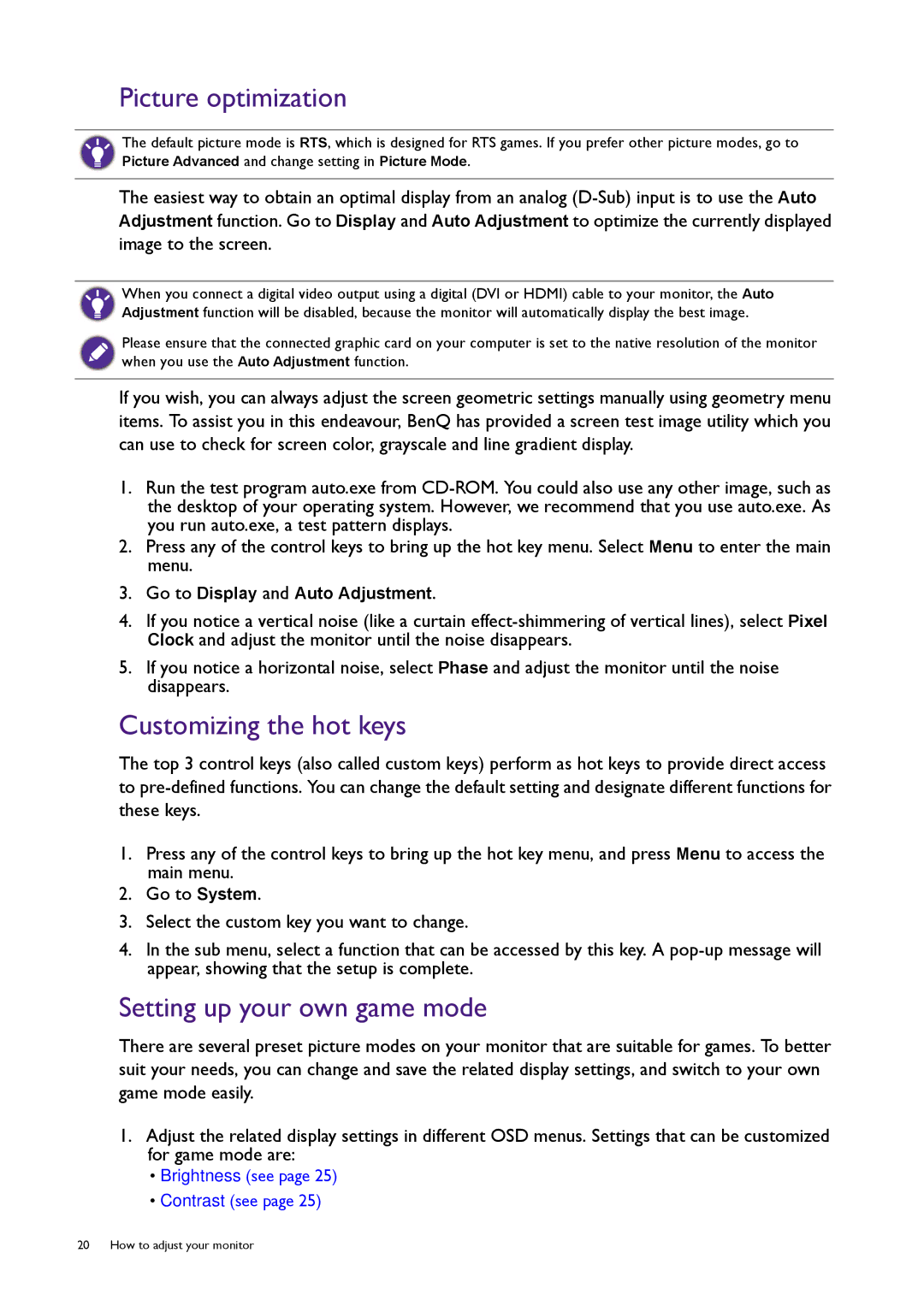 BenQ RL2240H user manual Picture optimization, Customizing the hot keys, Setting up your own game mode 