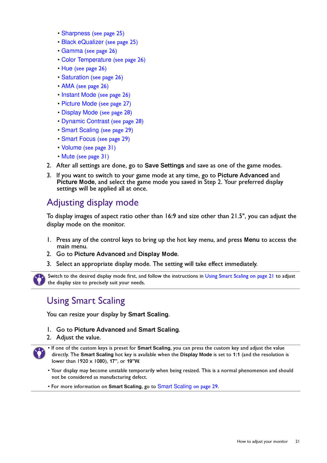 BenQ RL2240H Adjusting display mode, Using Smart Scaling, You can resize your display by Smart Scaling, Adjust the value 