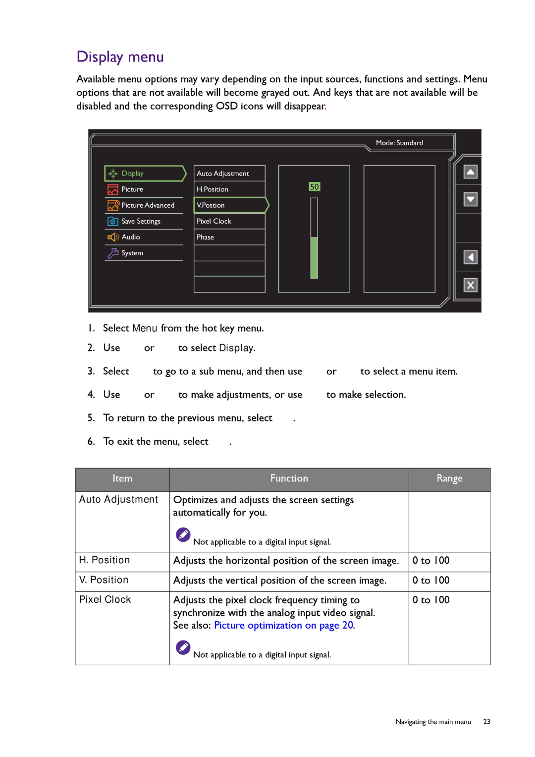 BenQ RL2240H user manual Display menu, Adjusts the horizontal position of the screen image 