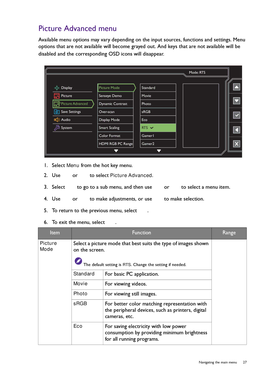 BenQ RL2240H user manual Picture Advanced menu 