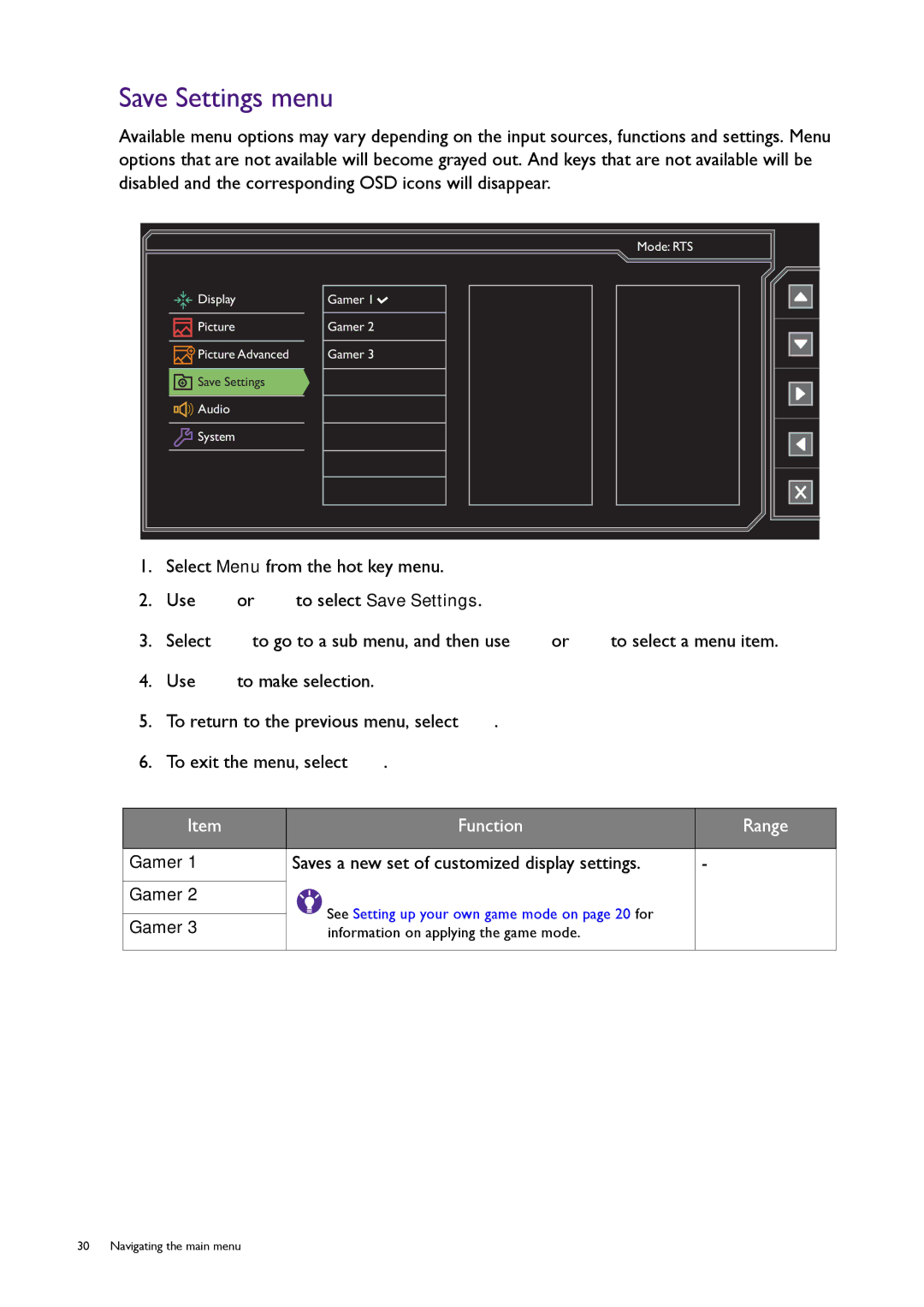 BenQ RL2240H user manual Save Settings menu, Function Range 