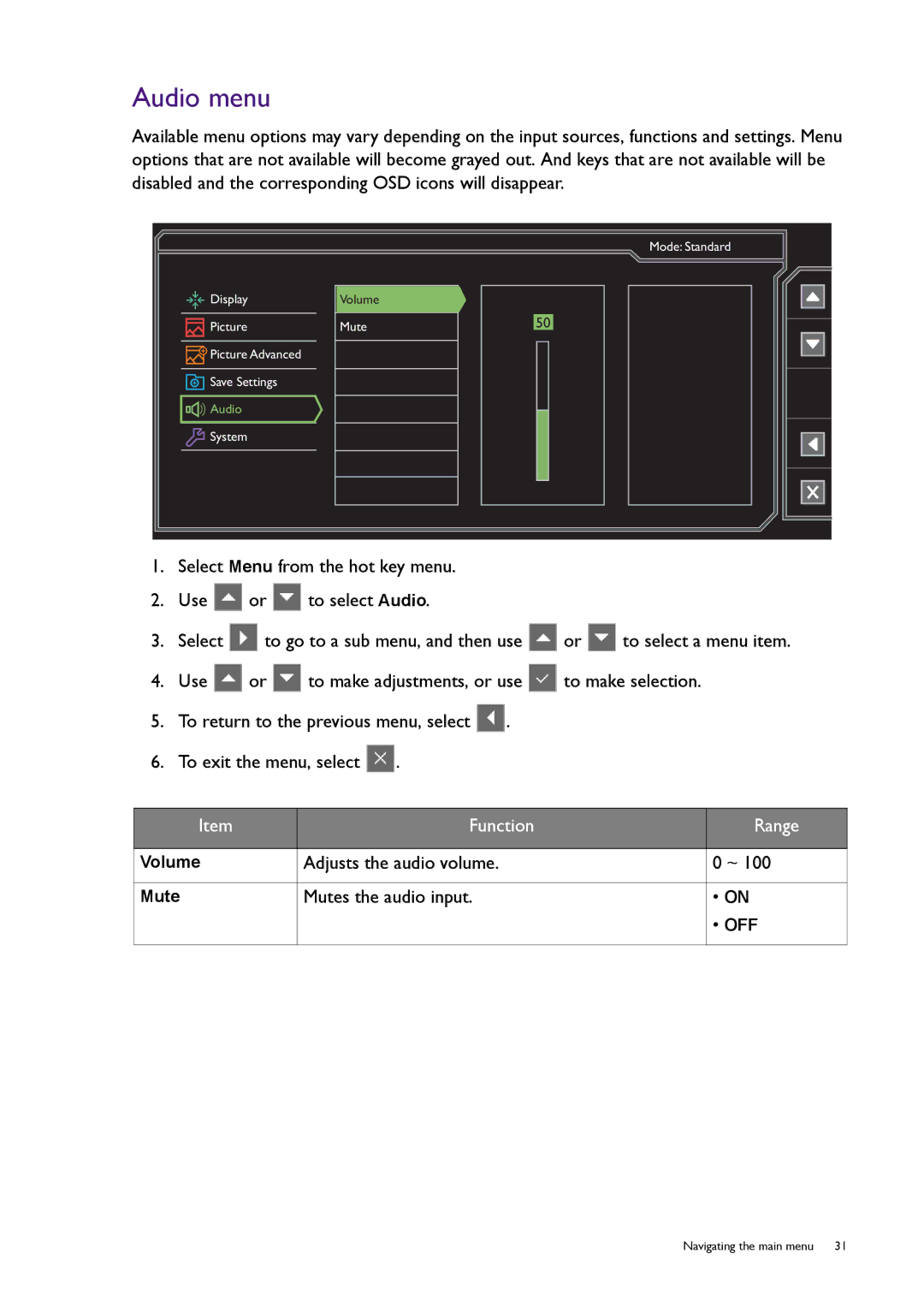 BenQ RL2240H user manual Audio menu, Adjusts the audio volume, Mutes the audio input 