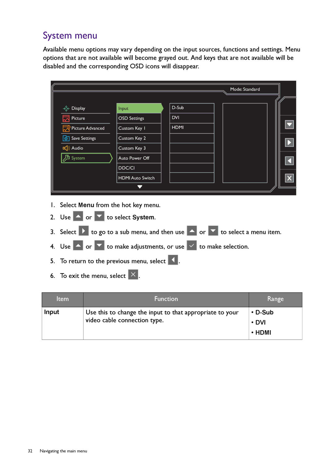 BenQ RL2240H user manual System menu, Use this to change the input to that appropriate to your, Video cable connection type 