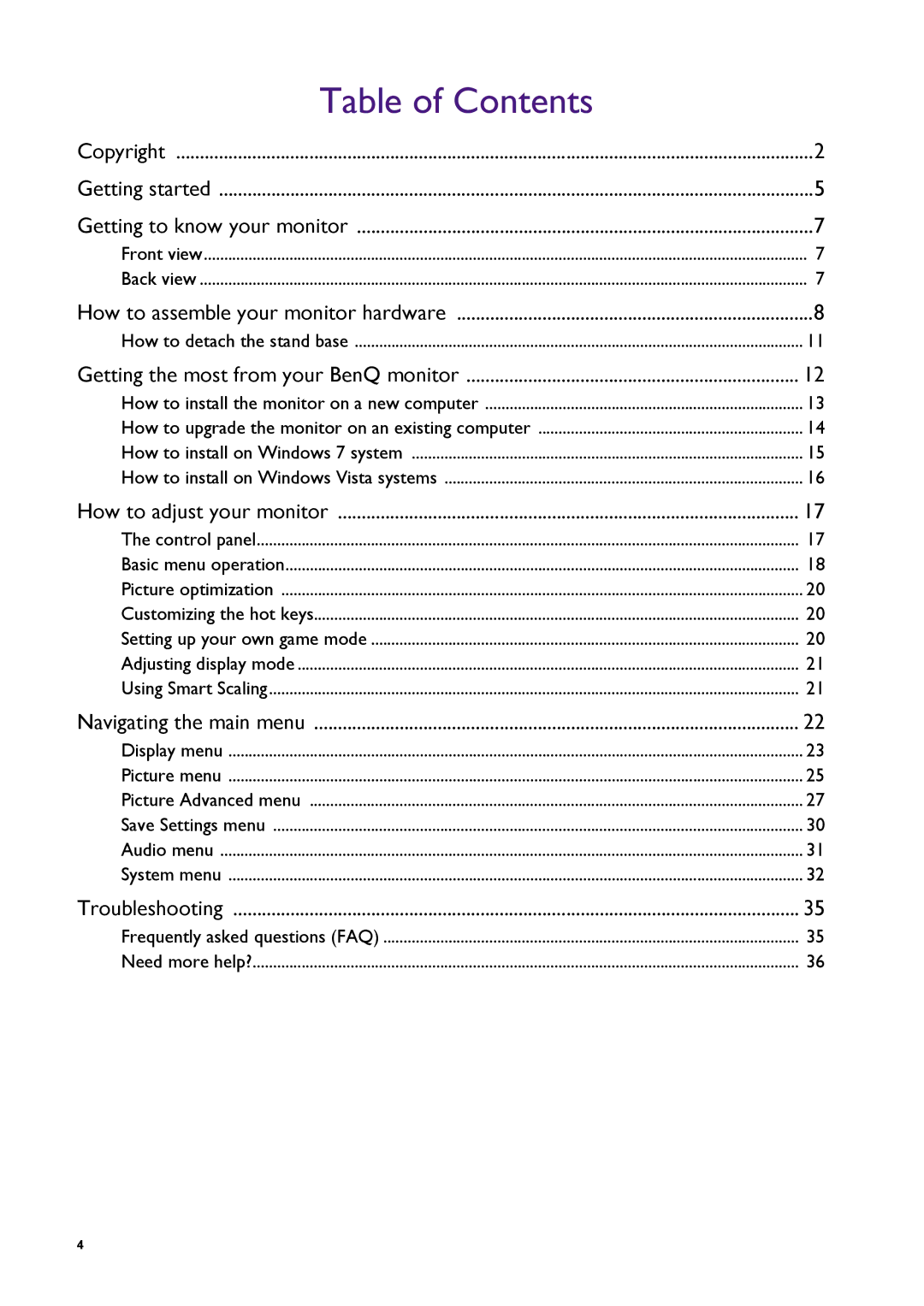 BenQ RL2240H user manual Table of Contents 