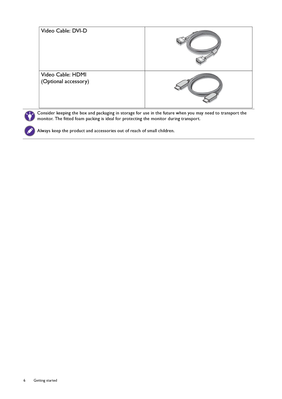 BenQ RL2240H user manual Video Cable DVI-D, Video Cable Hdmi, Optional accessory 