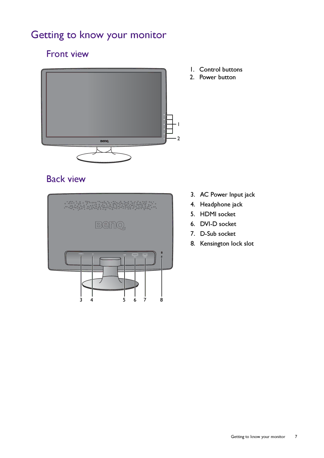 BenQ RL2240H user manual Getting to know your monitor, Front view, Back view, Control buttons Power button 