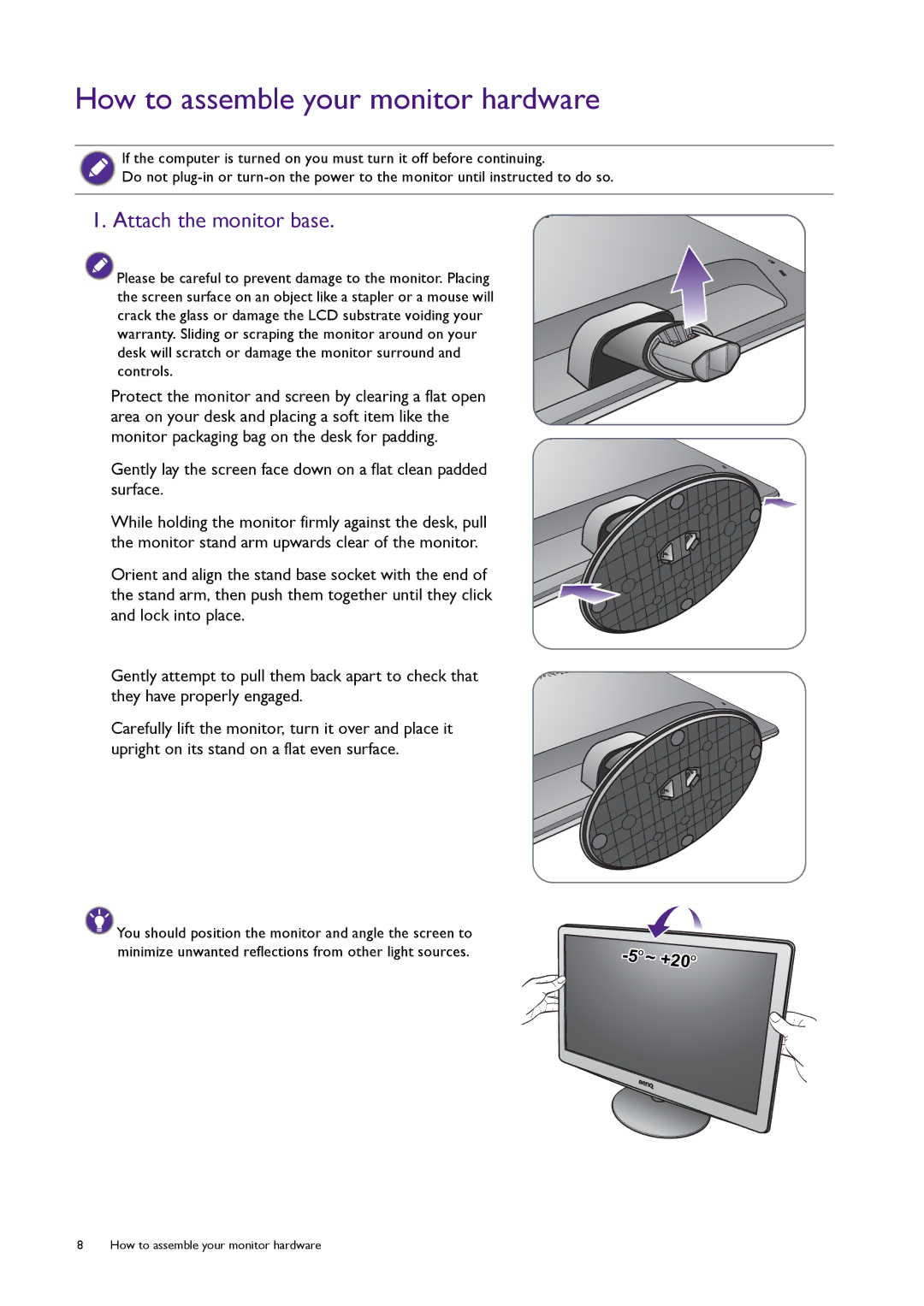 BenQ RL2240H user manual How to assemble your monitor hardware, Attach the monitor base 