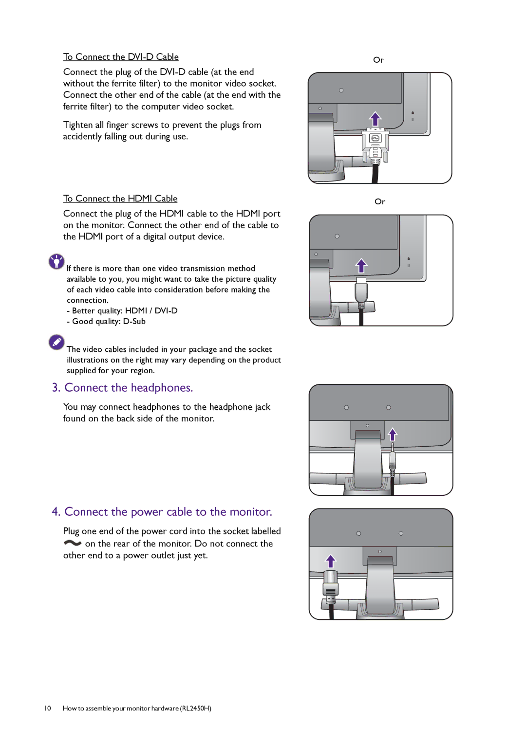 BenQ RL2450H / RL2450HT user manual Connect the headphones, Connect the power cable to the monitor 