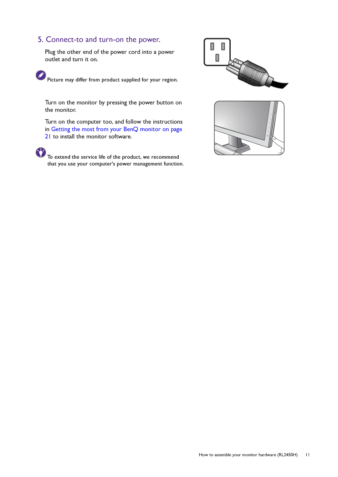 BenQ RL2450H / RL2450HT user manual Connect-to and turn-on the power 