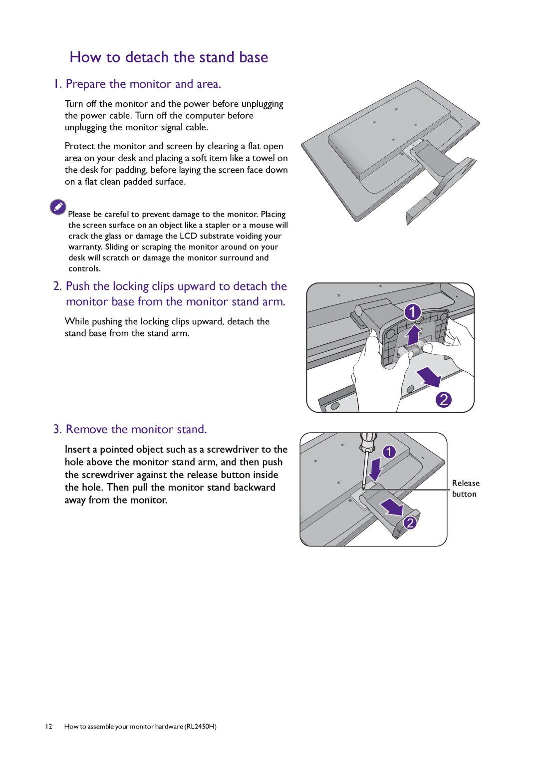 BenQ RL2450H / RL2450HT user manual How to detach the stand base, Prepare the monitor and area, Remove the monitor stand 