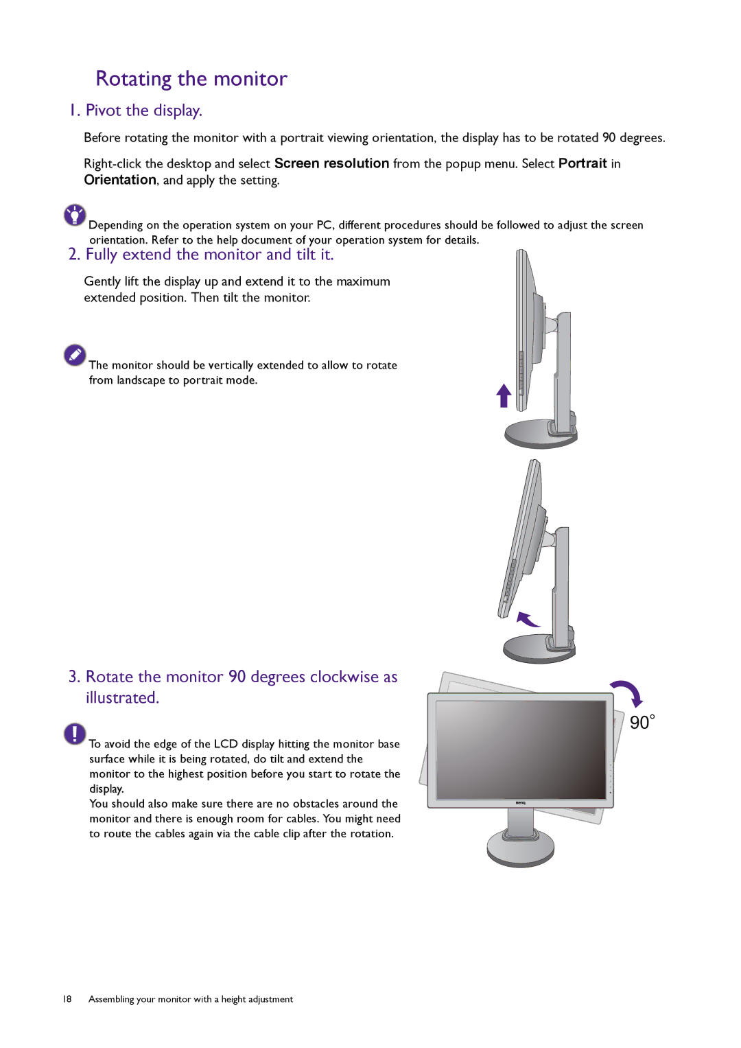 BenQ RL2450H / RL2450HT user manual Rotating the monitor, Pivot the display, Fully extend the monitor and tilt it 