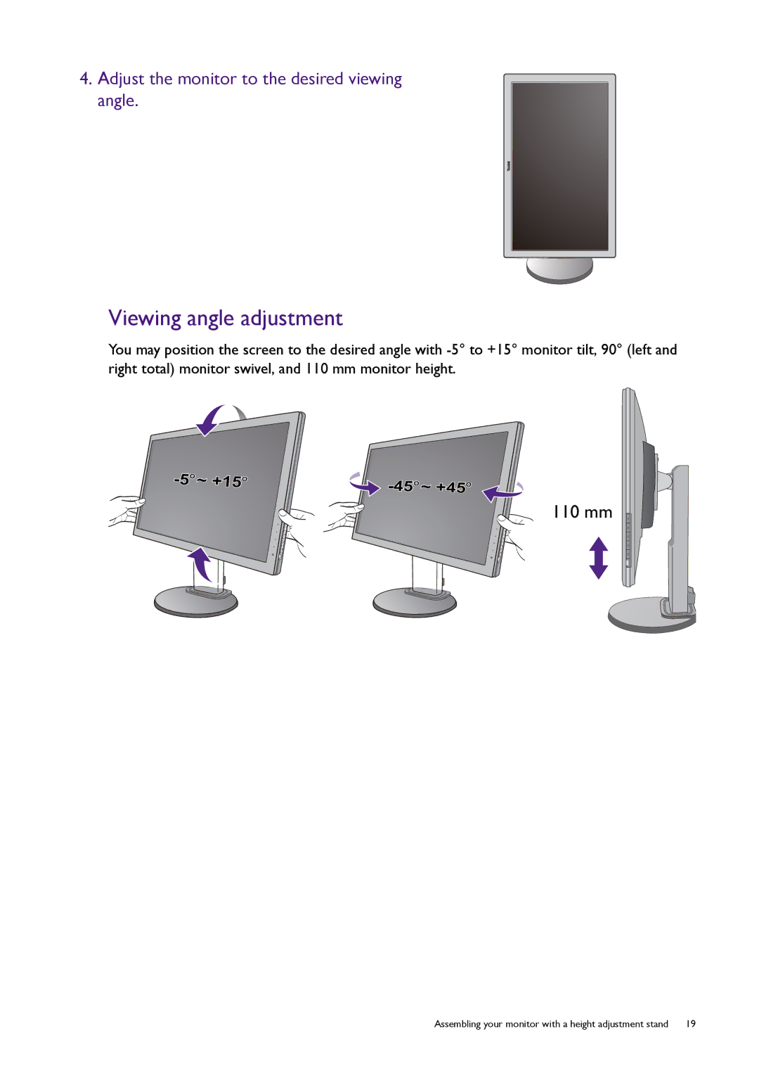 BenQ RL2450H / RL2450HT user manual Viewing angle adjustment, Adjust the monitor to the desired viewing angle 