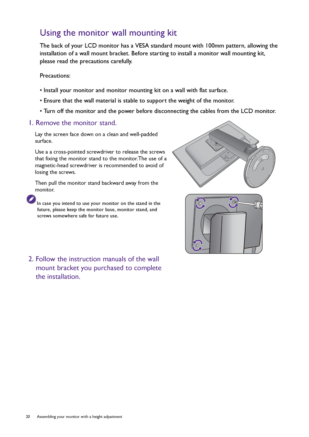 BenQ RL2450H / RL2450HT user manual Using the monitor wall mounting kit 