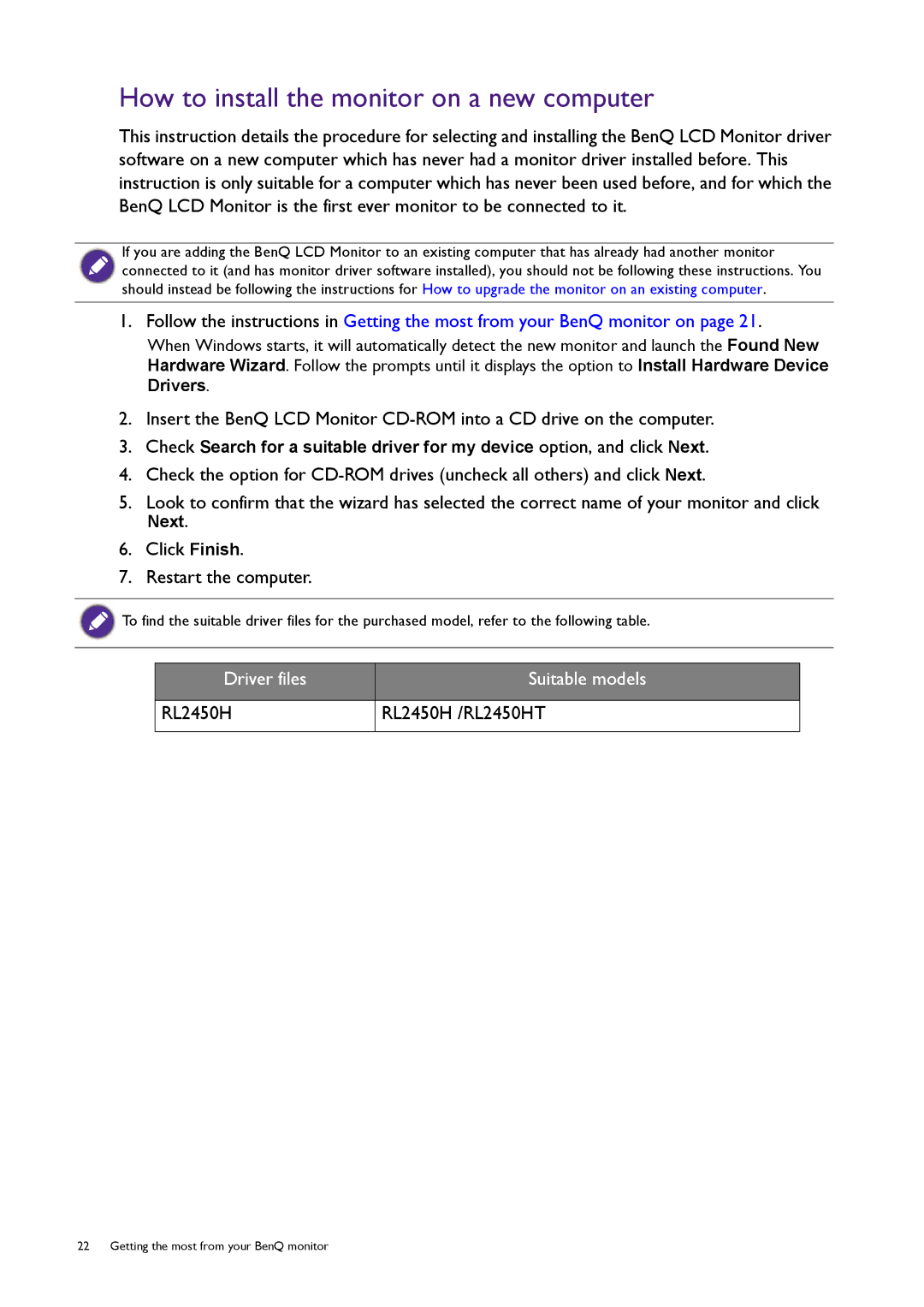 BenQ RL2450H / RL2450HT user manual How to install the monitor on a new computer, Click Finish Restart the computer 