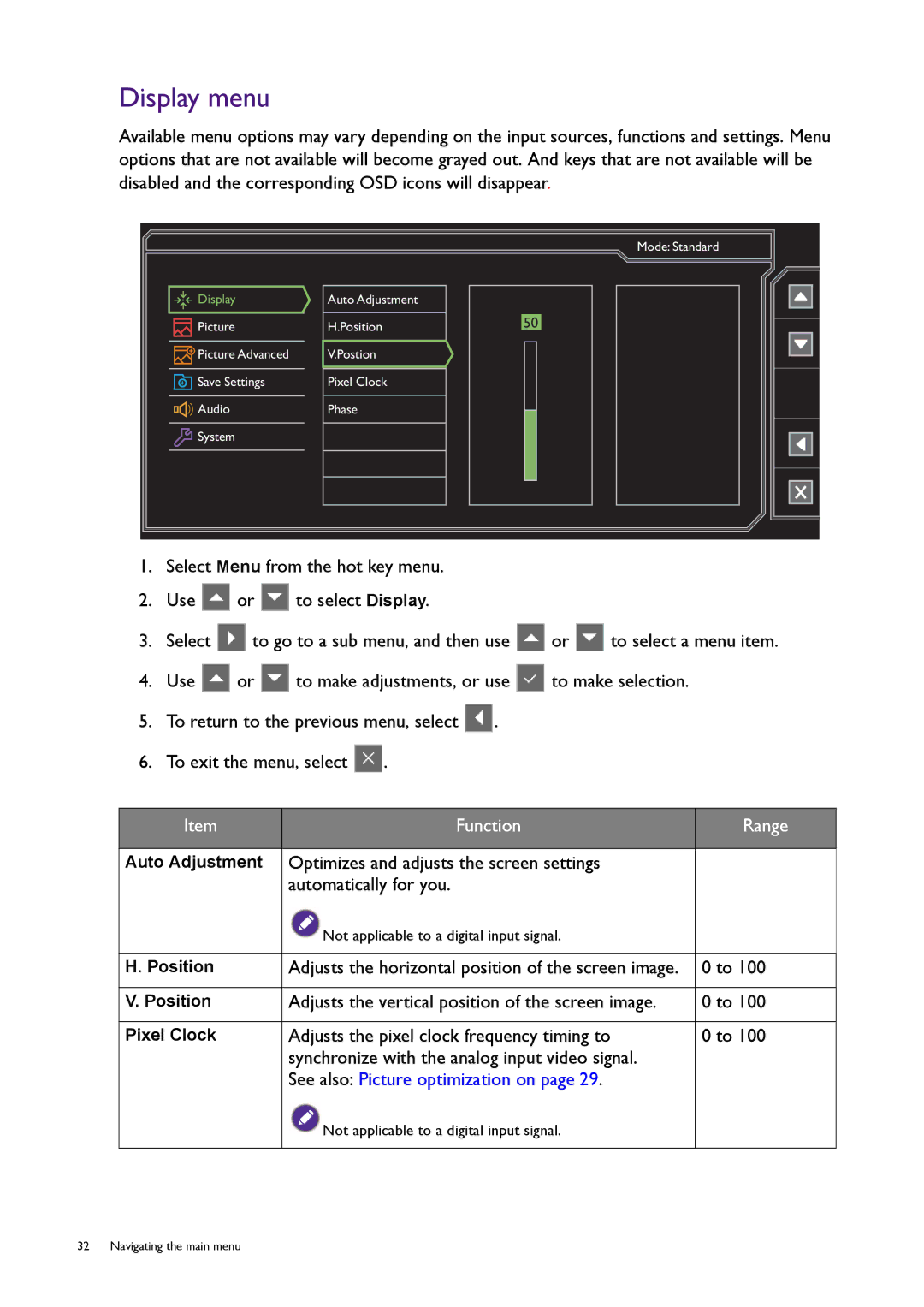 BenQ RL2450H / RL2450HT user manual Display menu, Adjusts the horizontal position of the screen image 