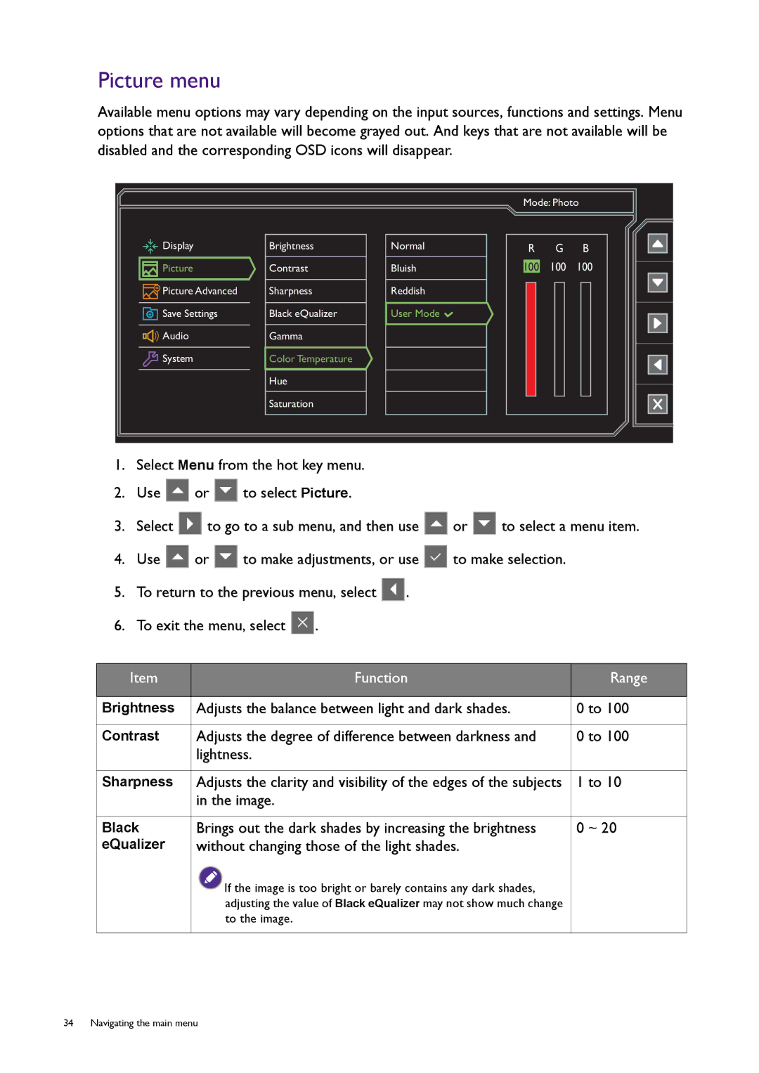 BenQ RL2450H / RL2450HT user manual Picture menu, Adjusts the balance between light and dark shades 