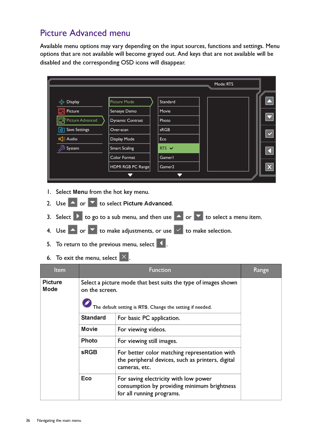 BenQ RL2450H / RL2450HT user manual Picture Advanced menu 