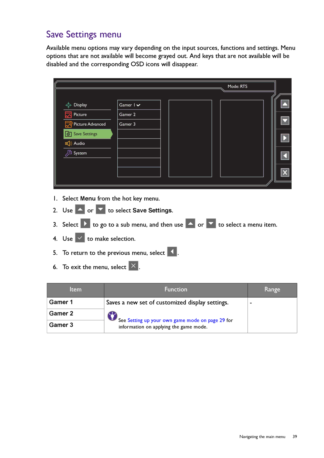 BenQ RL2450H / RL2450HT user manual Save Settings menu, Function Range 