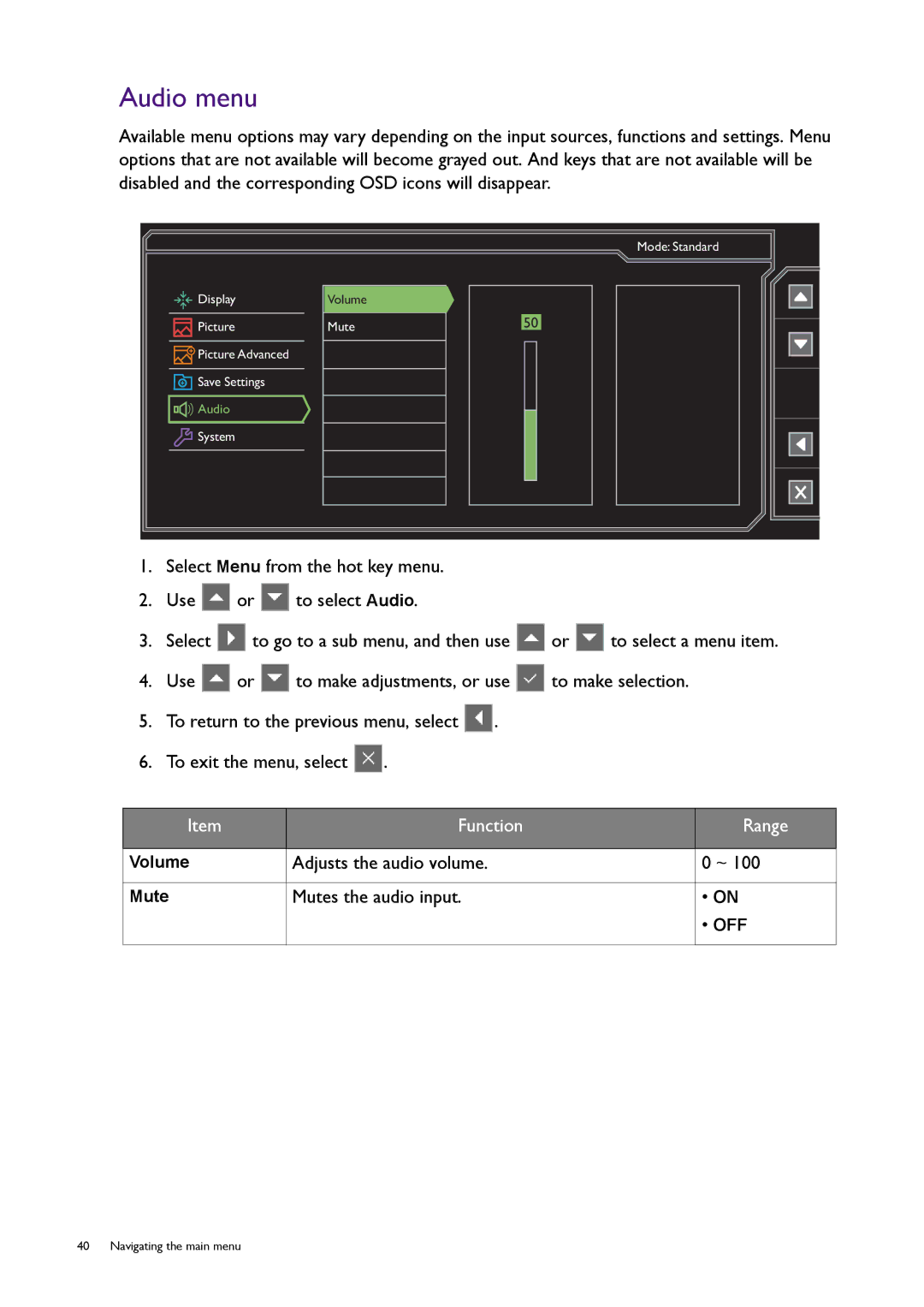 BenQ RL2450H / RL2450HT user manual Audio menu, Adjusts the audio volume, Mutes the audio input 