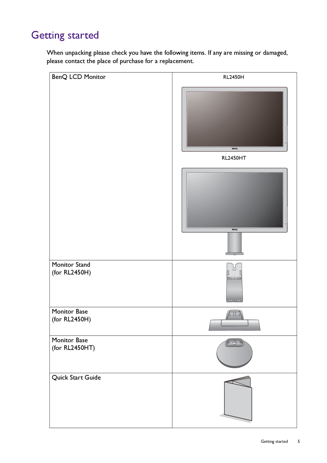 BenQ RL2450H / RL2450HT user manual Getting started, Quick Start Guide 