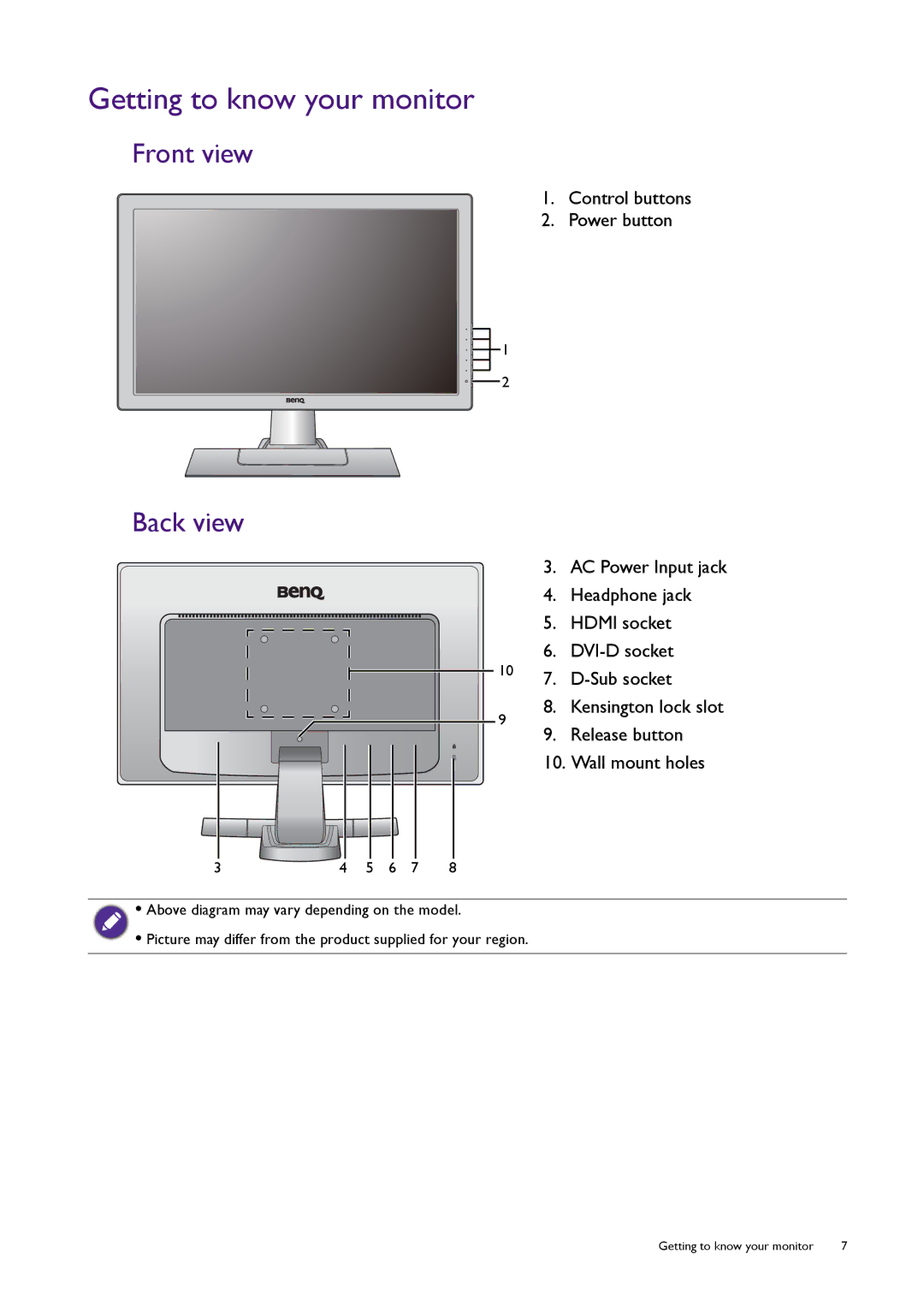 BenQ RL2450H / RL2450HT user manual Getting to know your monitor, Front view, Back view, Control buttons Power button 