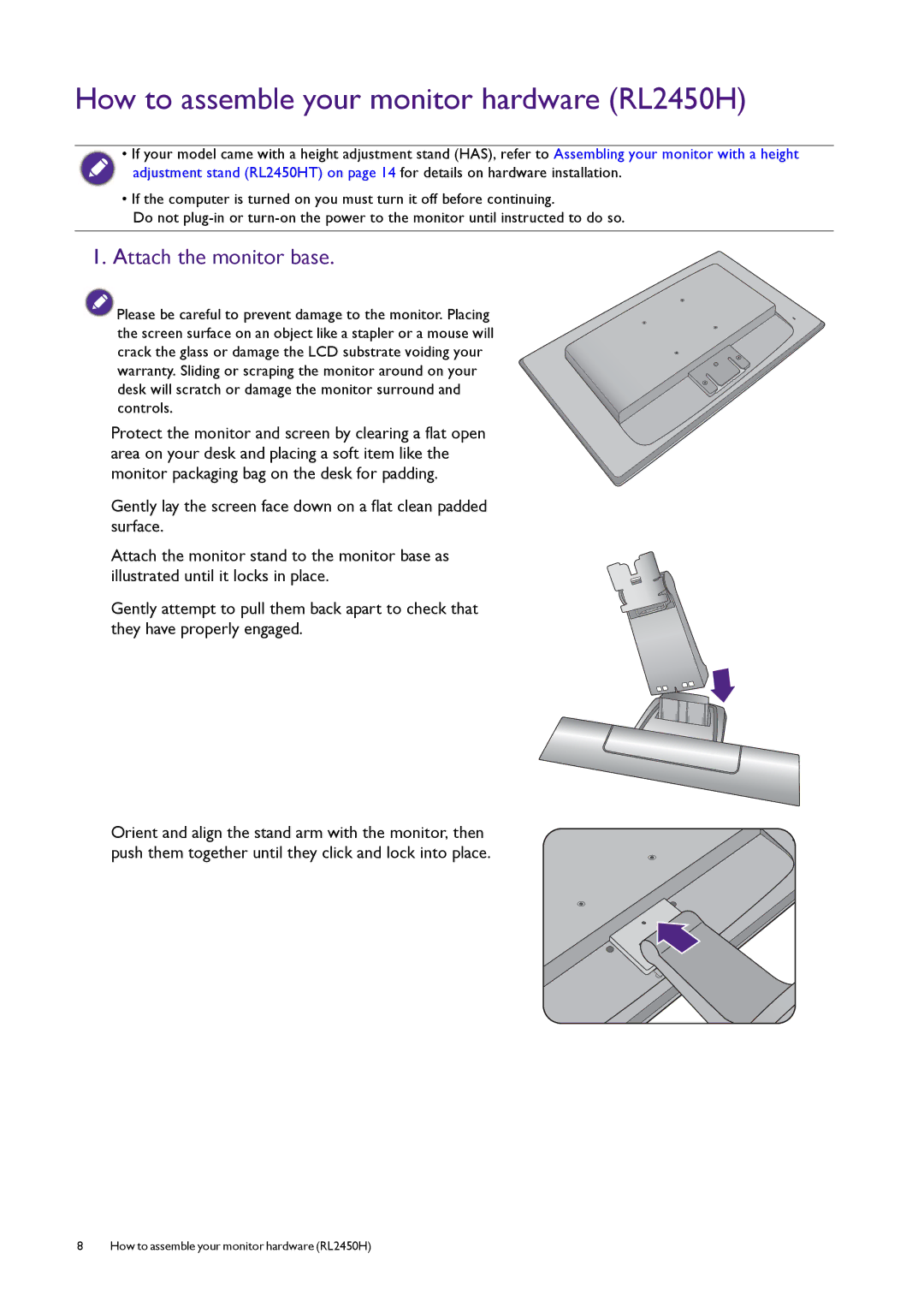 BenQ RL2450H / RL2450HT user manual How to assemble your monitor hardware RL2450H, Attach the monitor base 